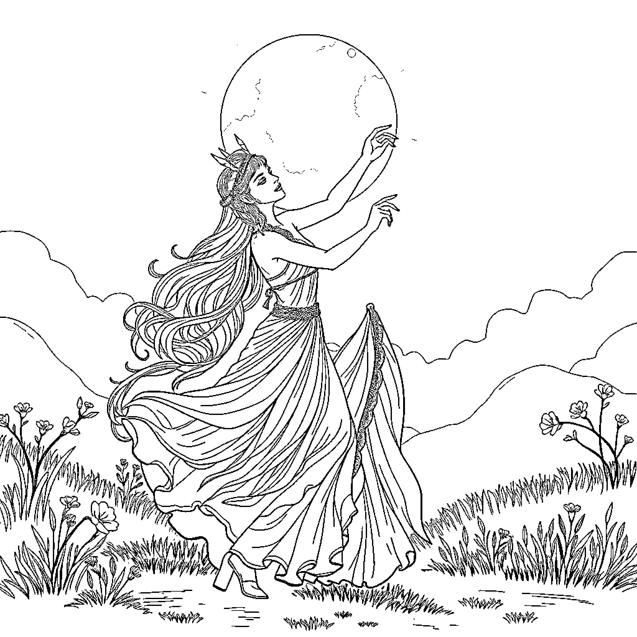 Vahiana's Ethereal Dance in the Moonlit Meadow Coloring Page (free black-and-white line drawing printable PDF for all, from beginners to advanced learners, including children, teens, adults, and seniors)