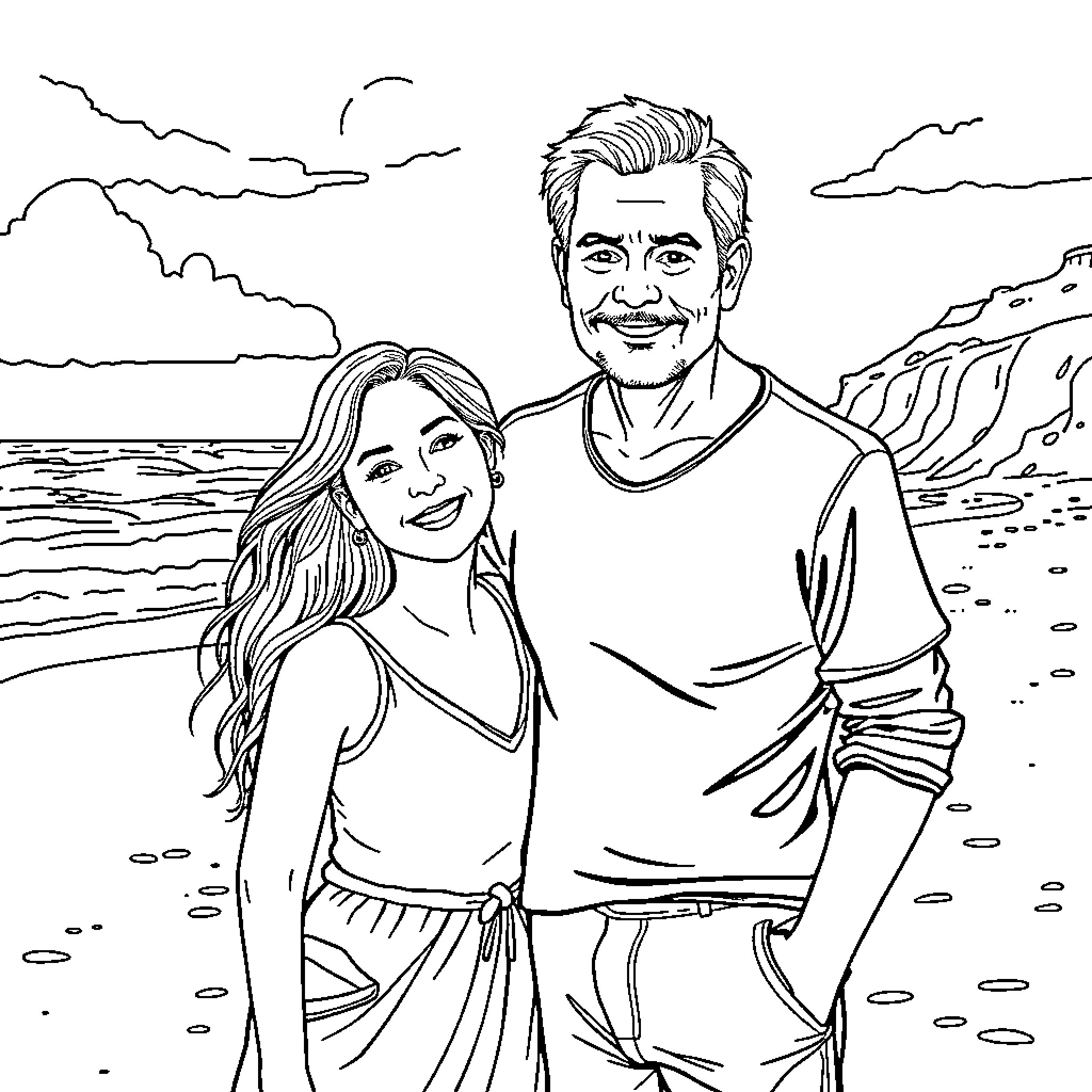 Couple enjoying a scenic beach outing Coloring Page (free black-and-white line drawing printable PDF for all, from beginners to advanced learners, including children, teens, adults, and seniors)