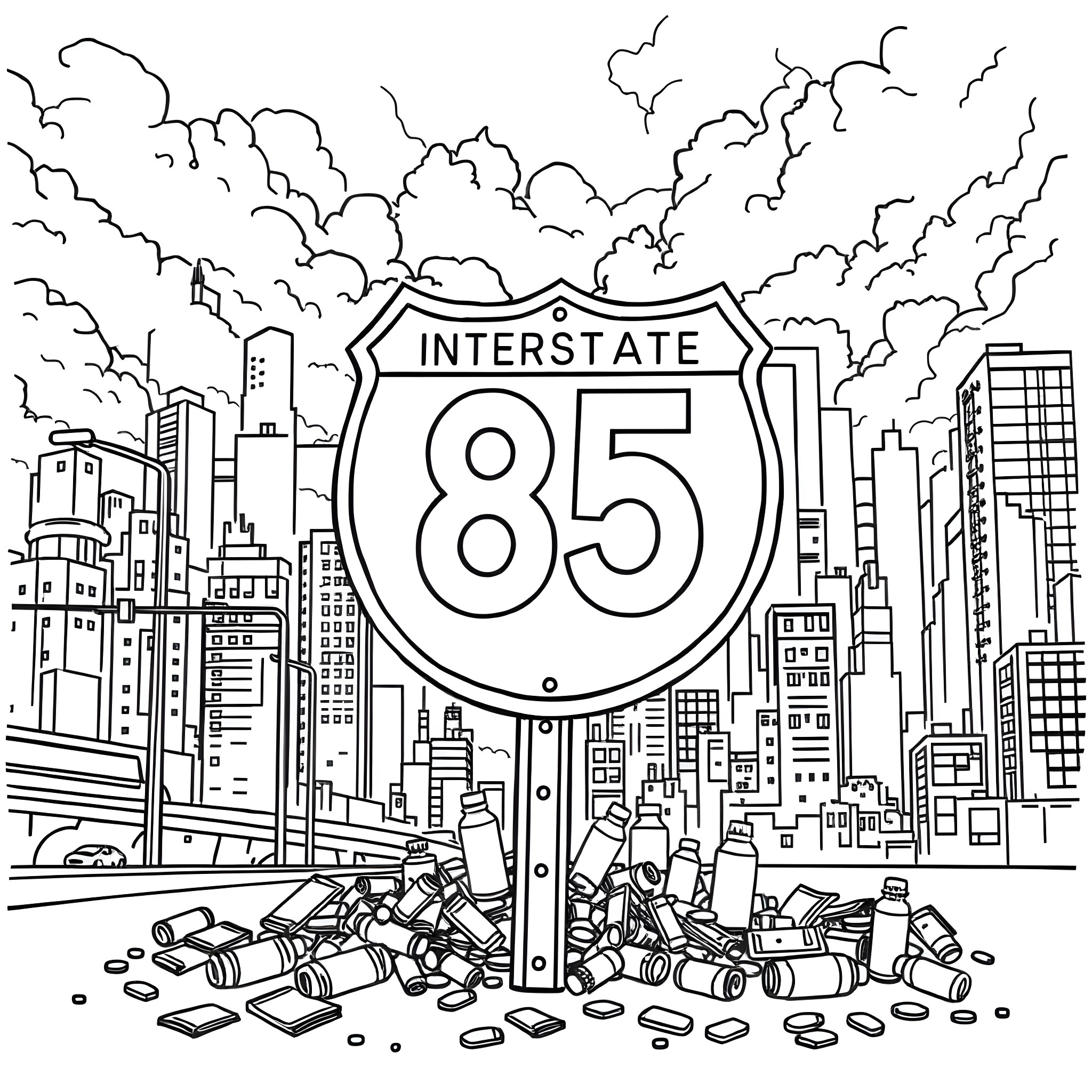 Interstate Sign displaying damaged highway amidst cityscape Coloring Page (free black-and-white line drawing printable PDF for all, from beginners to advanced learners, including children, teens, adults, and seniors)