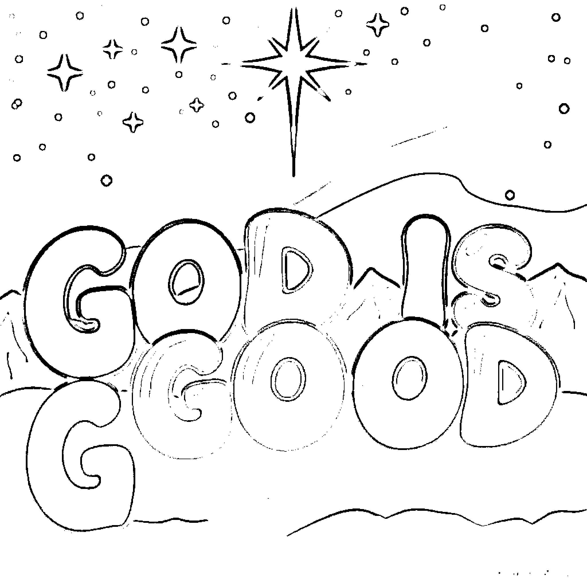 Letter God is good with stars Coloring Page (free black-and-white line drawing printable PDF for all, from beginners to advanced learners, including children, teens, adults, and seniors)
