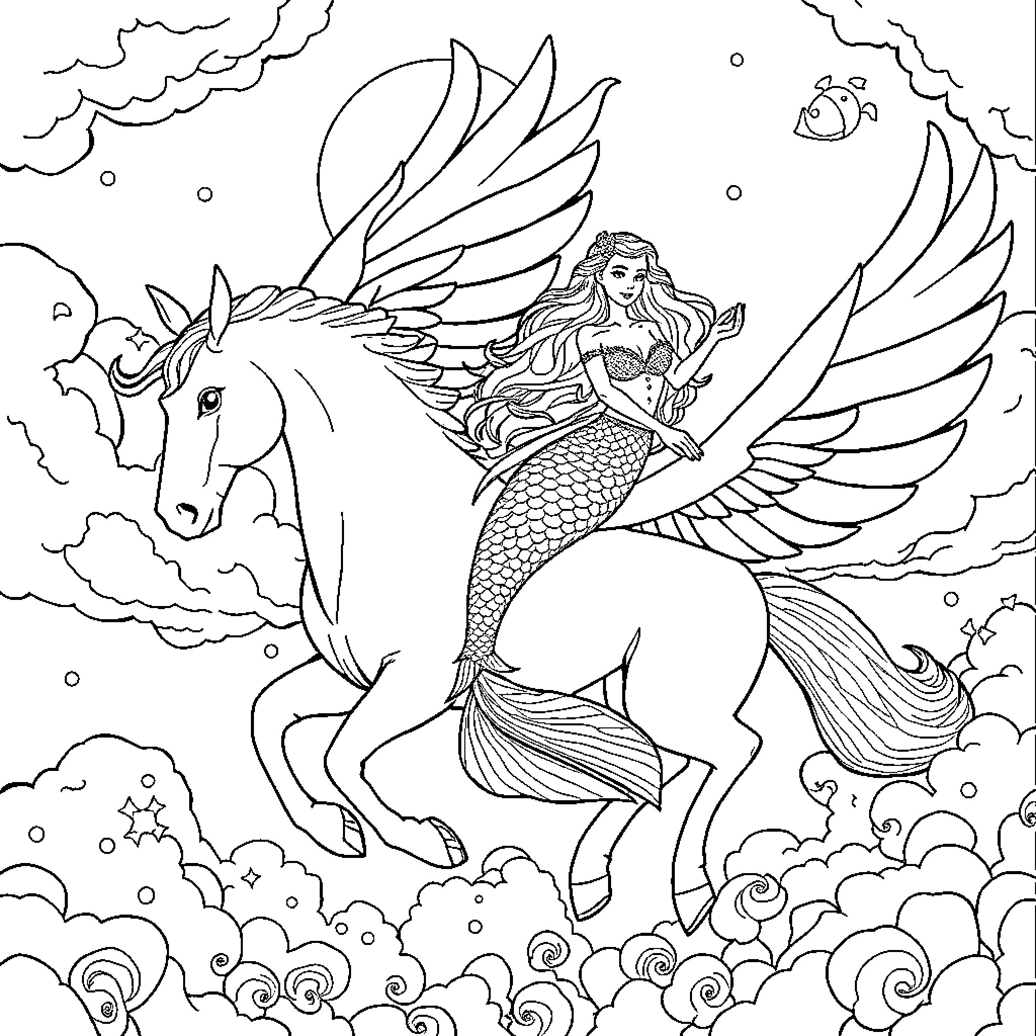 Mermaid riding a winged unicorn in the sky Coloring Page (free black-and-white line drawing printable PDF for all, from beginners to advanced learners, including children, teens, adults, and seniors)