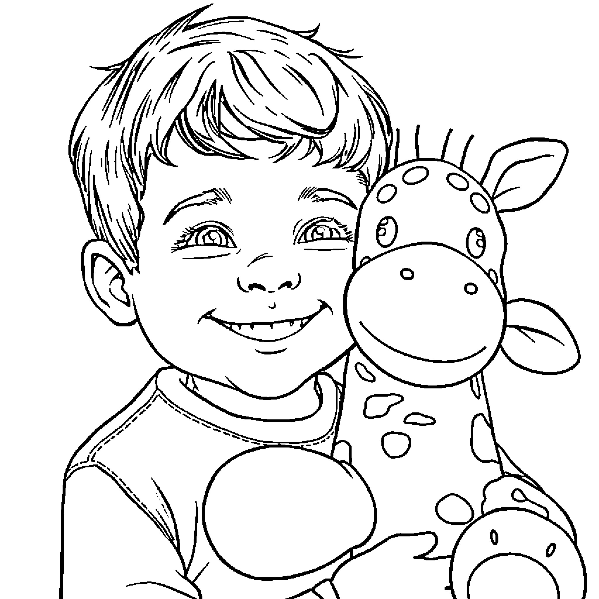 Boy playing happily with stuffed toy giraffe Coloring Page (free black-and-white line drawing printable PDF for all, from beginners to advanced learners, including children, teens, adults, and seniors)