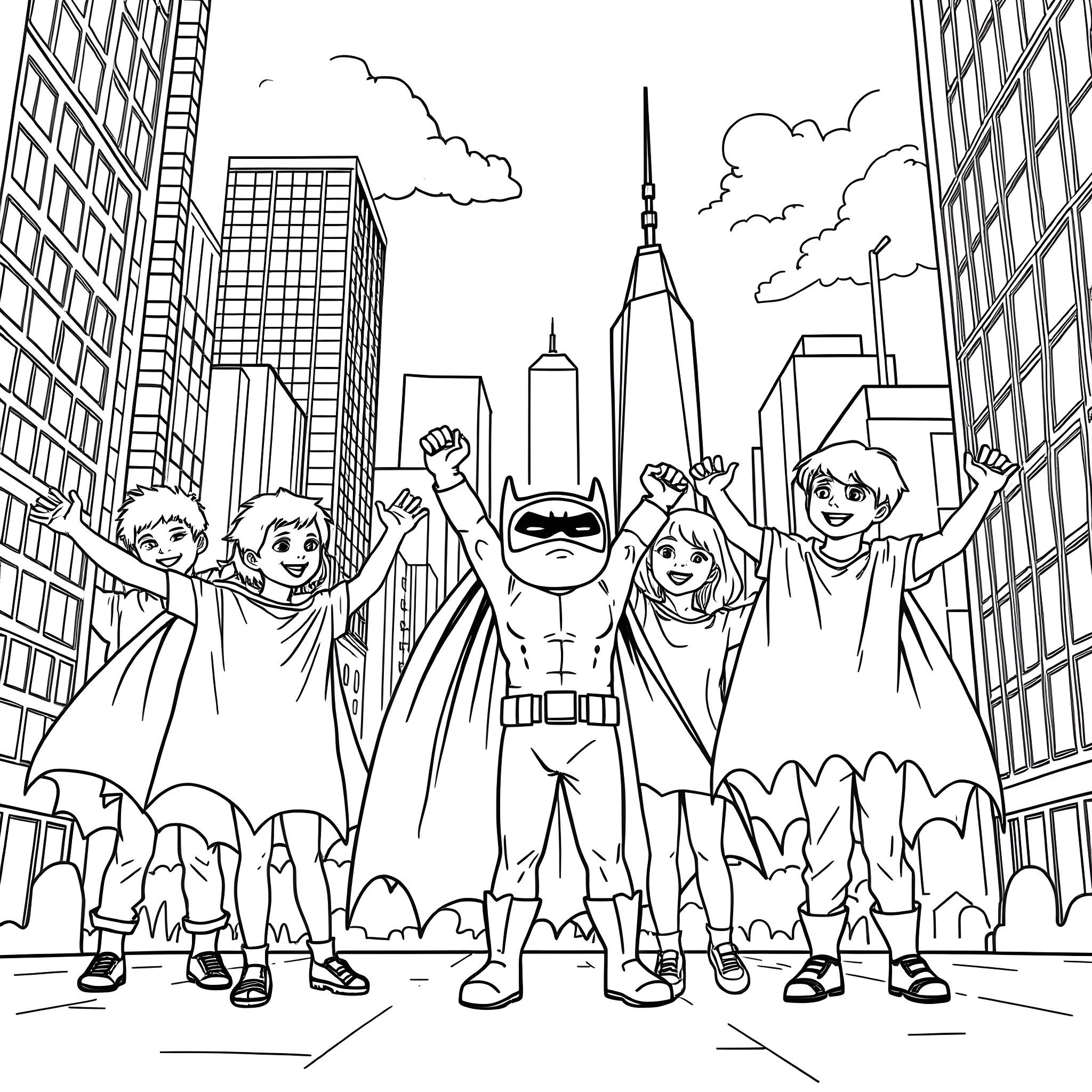 Kid Superheroes Celebrate Victory in the City Coloring Page (free black-and-white line drawing printable PDF for all, from beginners to advanced learners, including children, teens, adults, and seniors)
