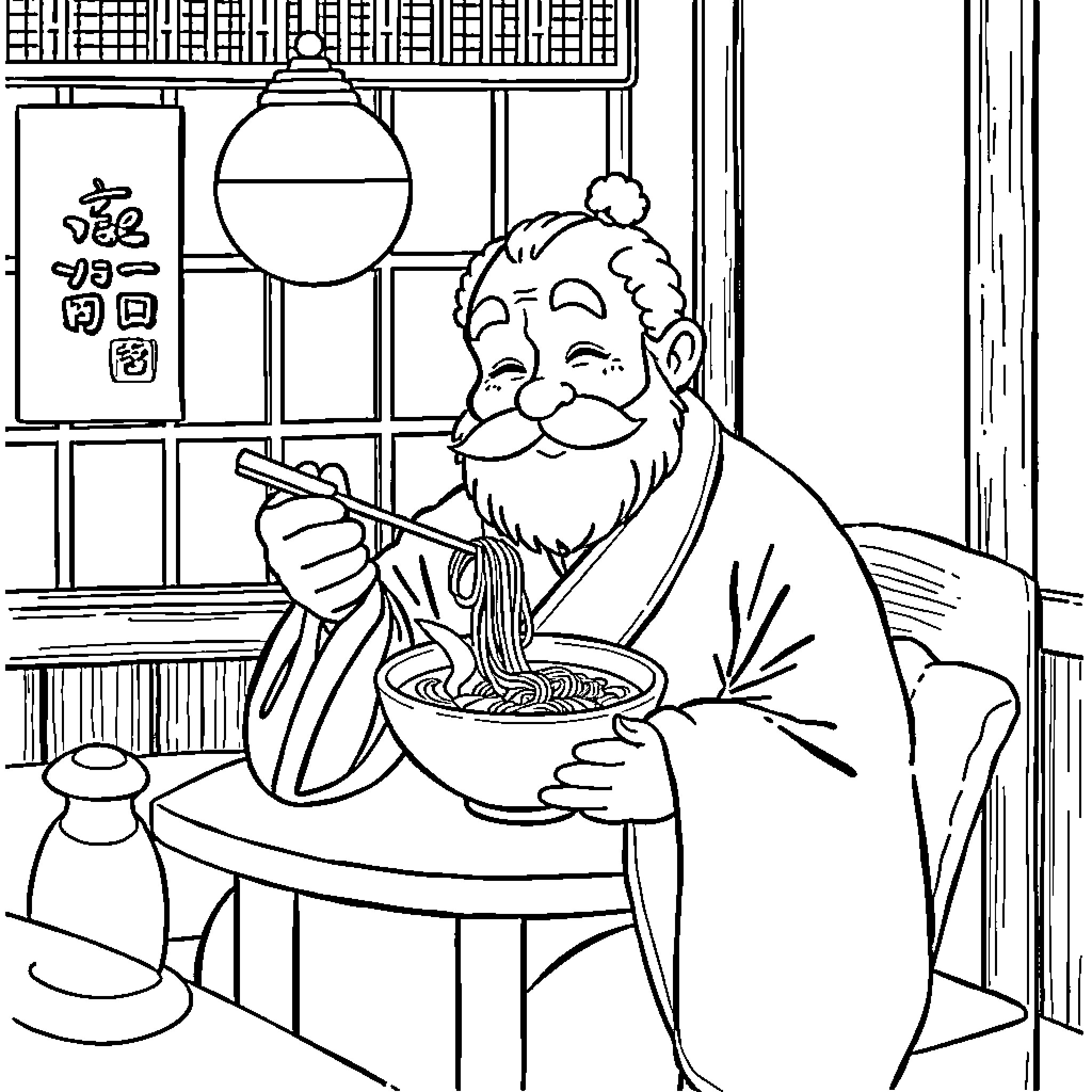 Rumi enjoying a hearty meal in a cozy setting Coloring Page (free black-and-white line drawing printable PDF for all, from beginners to advanced learners, including children, teens, adults, and seniors)