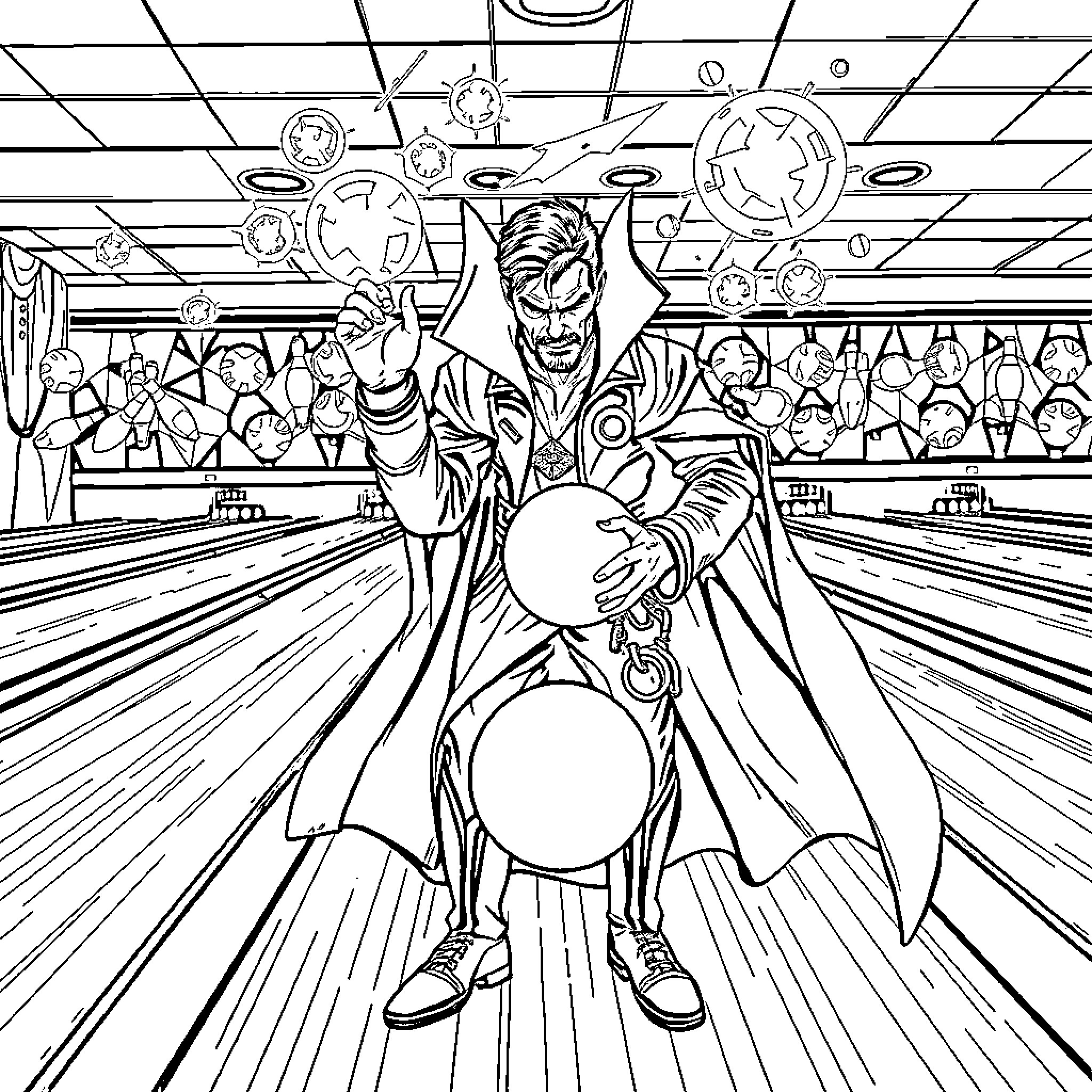 Dr. Strange Unleashes Mystical Powers in a Cosmic Bowling Alley Coloring Page (free black-and-white line drawing printable PDF for all, from beginners to advanced learners, including children, teens, adults, and seniors)