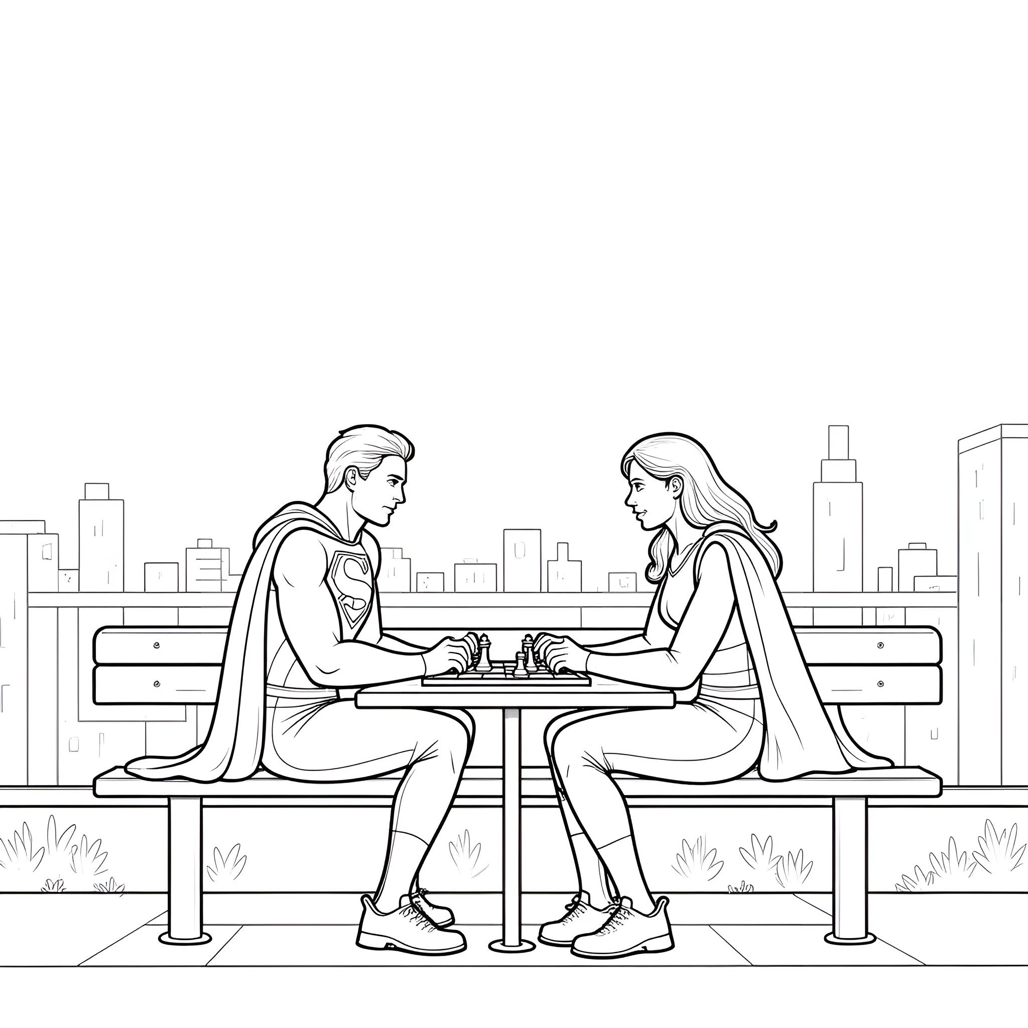 Superman and friend playing chess in the city park Coloring Page (free black-and-white line drawing printable PDF for all, from beginners to advanced learners, including children, teens, adults, and seniors)