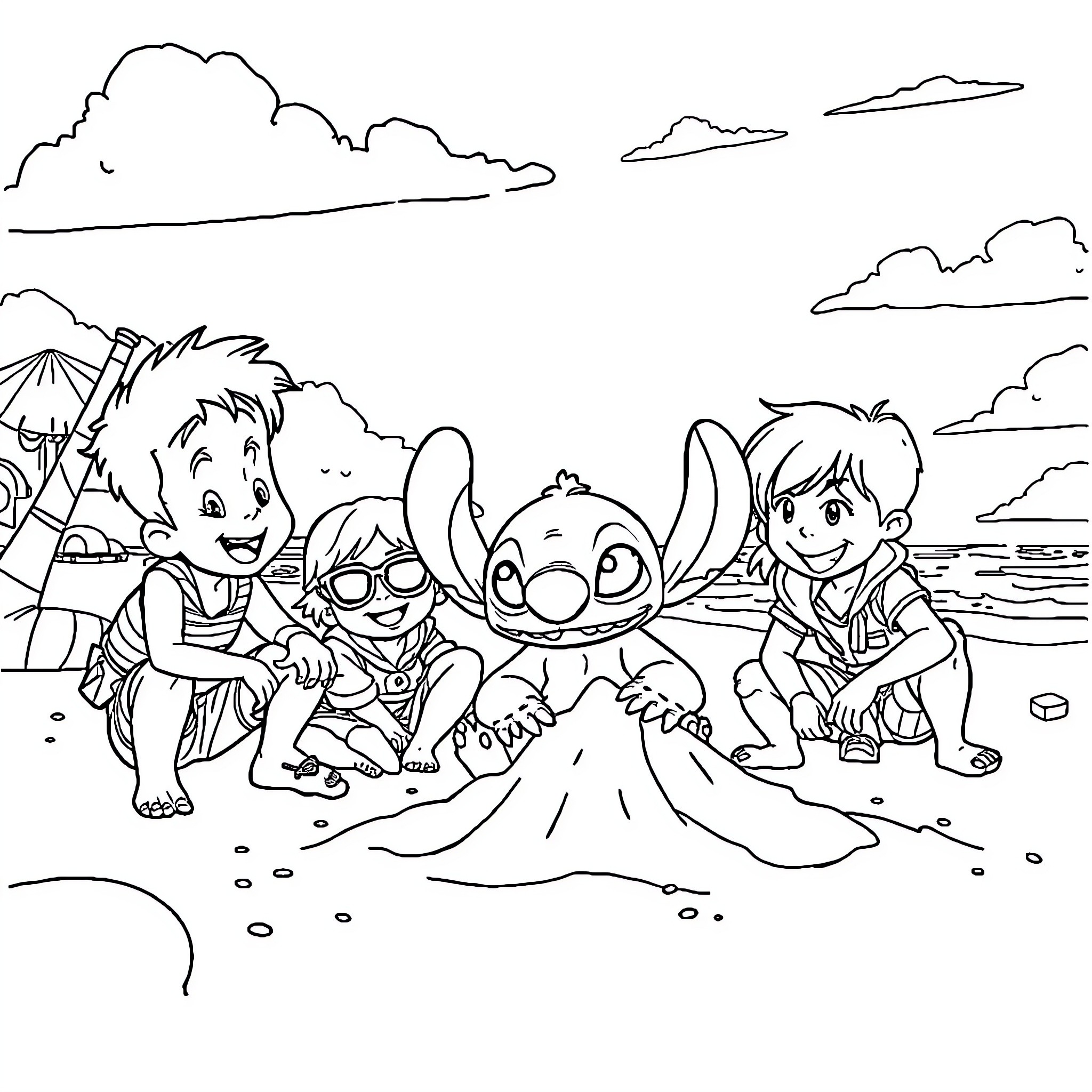 Spy Kids on a Beach Adventure Coloring Page (free black-and-white line drawing printable PDF for all, from beginners to advanced learners, including children, teens, adults, and seniors)