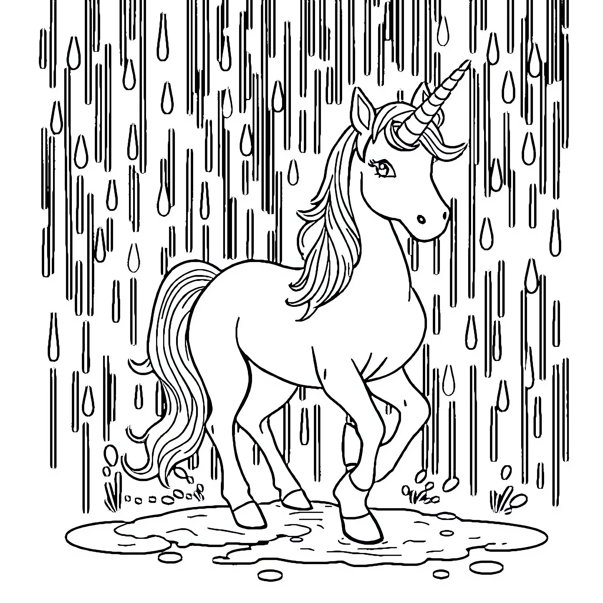 Unicorn standing in the rain Coloring Page (free black-and-white line drawing printable PDF for all, from beginners to advanced learners, including children, teens, adults, and seniors)