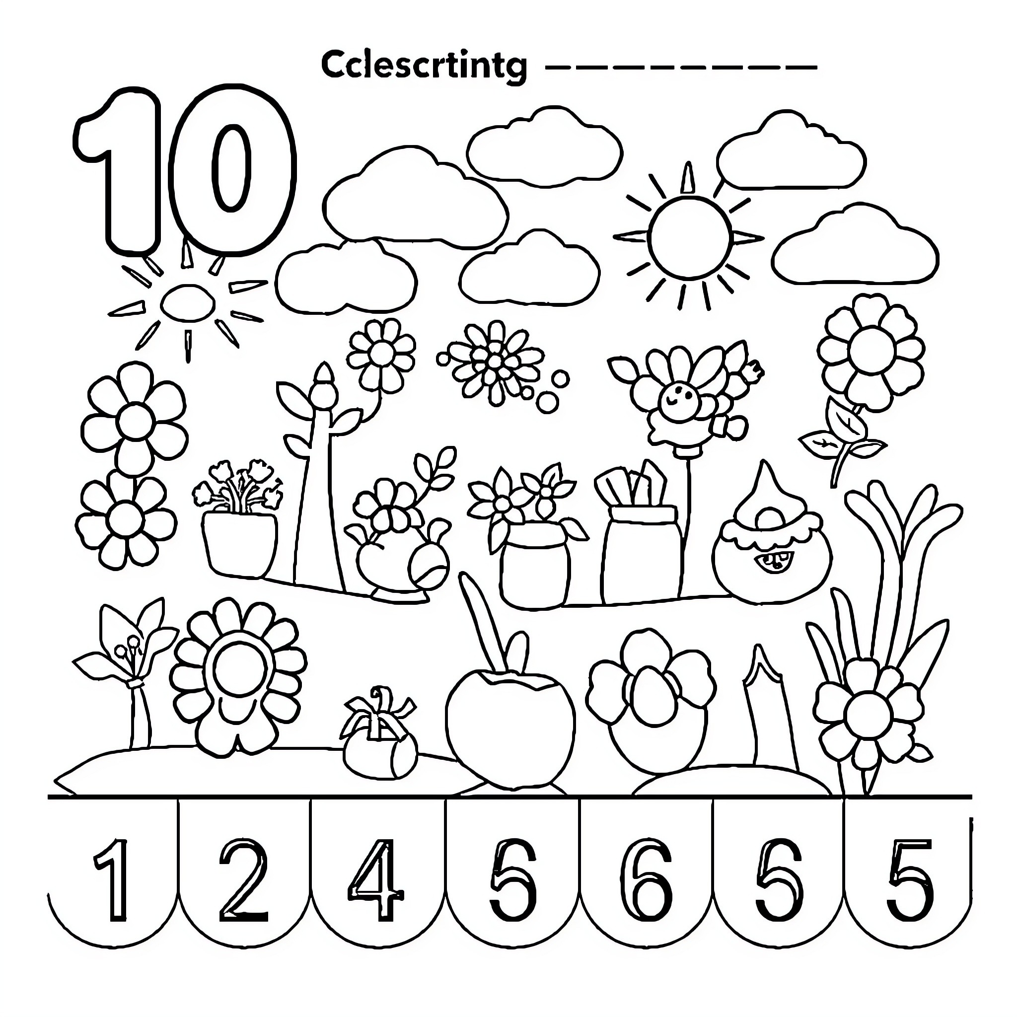 Counting Flowers and Nature in Spring Scenery Coloring Page (free black-and-white line drawing printable PDF for all, from beginners to advanced learners, including children, teens, adults, and seniors)