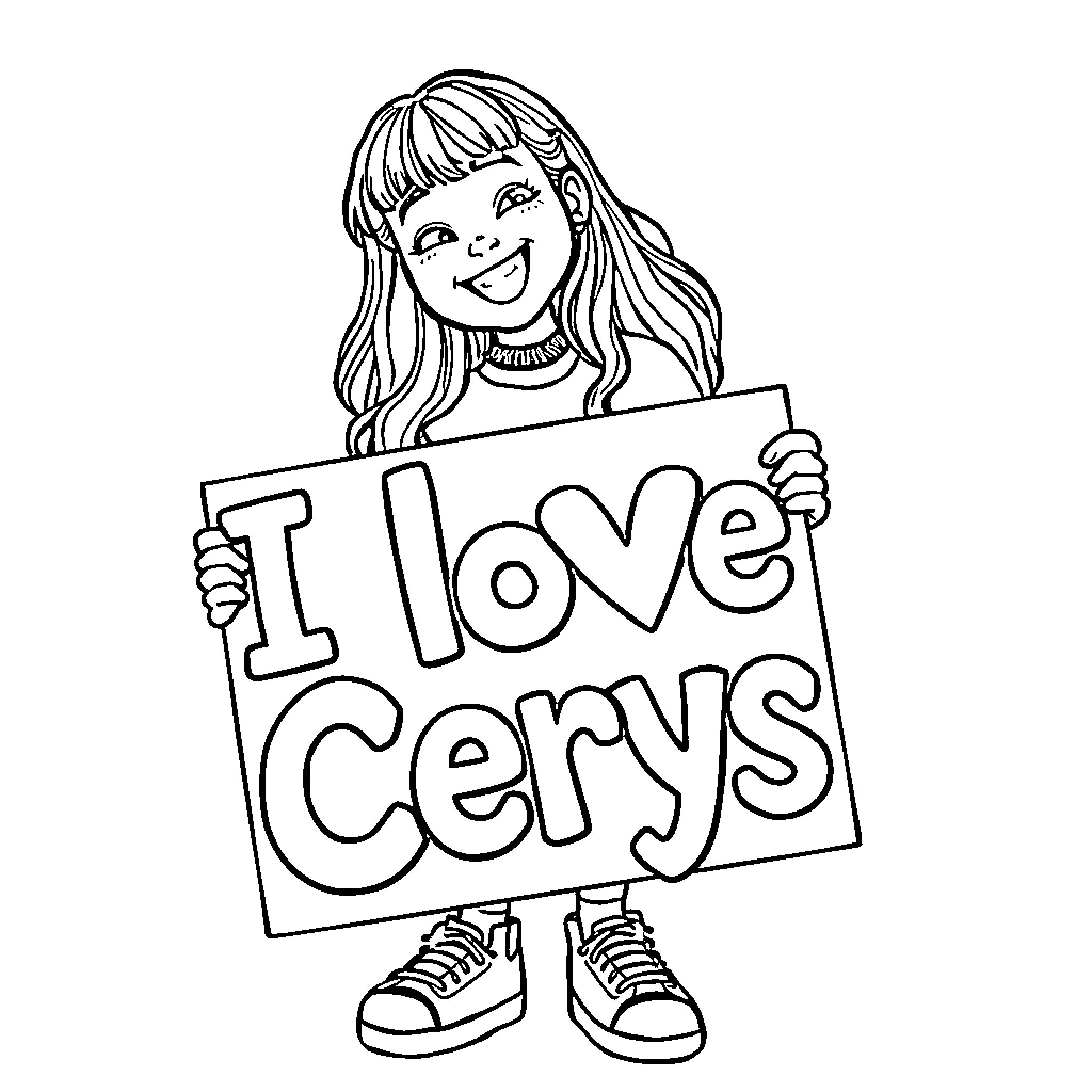 Billie Eilish Holds 'I Love Cerys' Sign Coloring Page (free black-and-white line drawing printable PDF for all, from beginners to advanced learners, including children, teens, adults, and seniors)