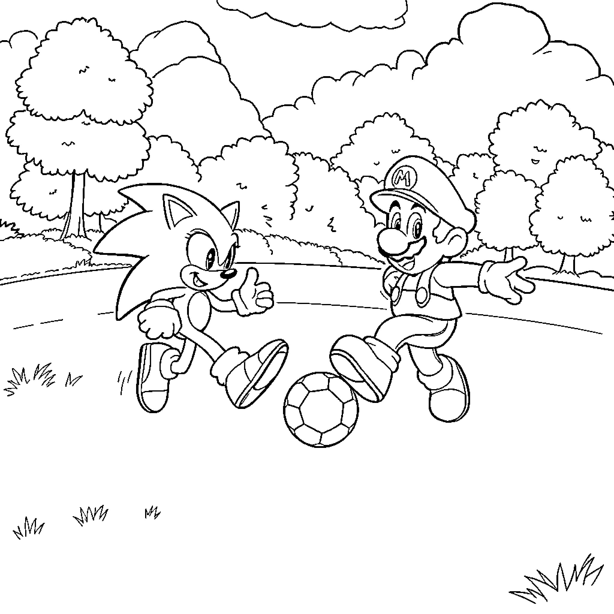 Sonic and Mario playing soccer in the park Coloring Page (free black-and-white line drawing printable PDF for all, from beginners to advanced learners, including children, teens, adults, and seniors)