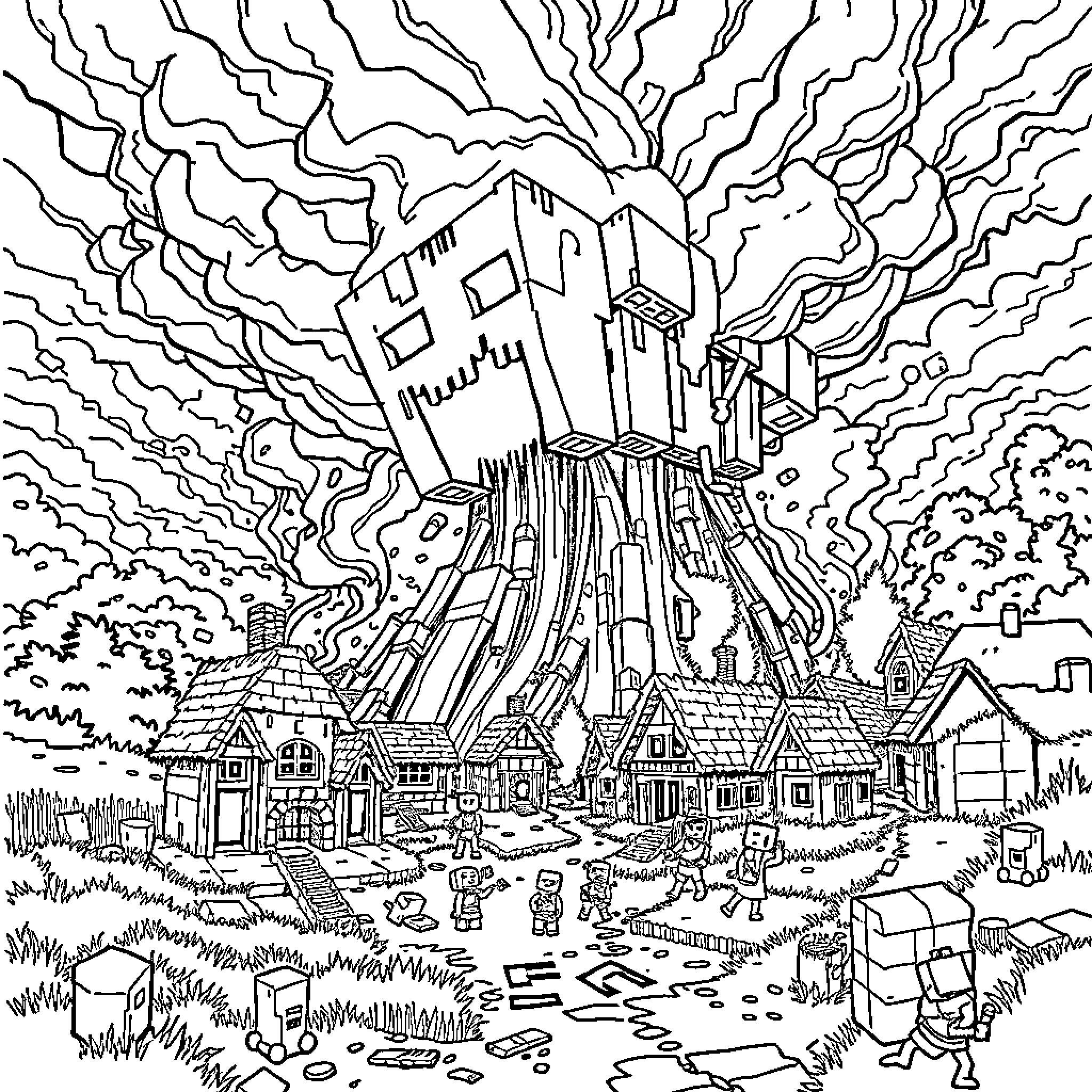 Witherstorm approaching a village in the countryside Coloring Page (free black-and-white line drawing printable PDF for all, from beginners to advanced learners, including children, teens, adults, and seniors)