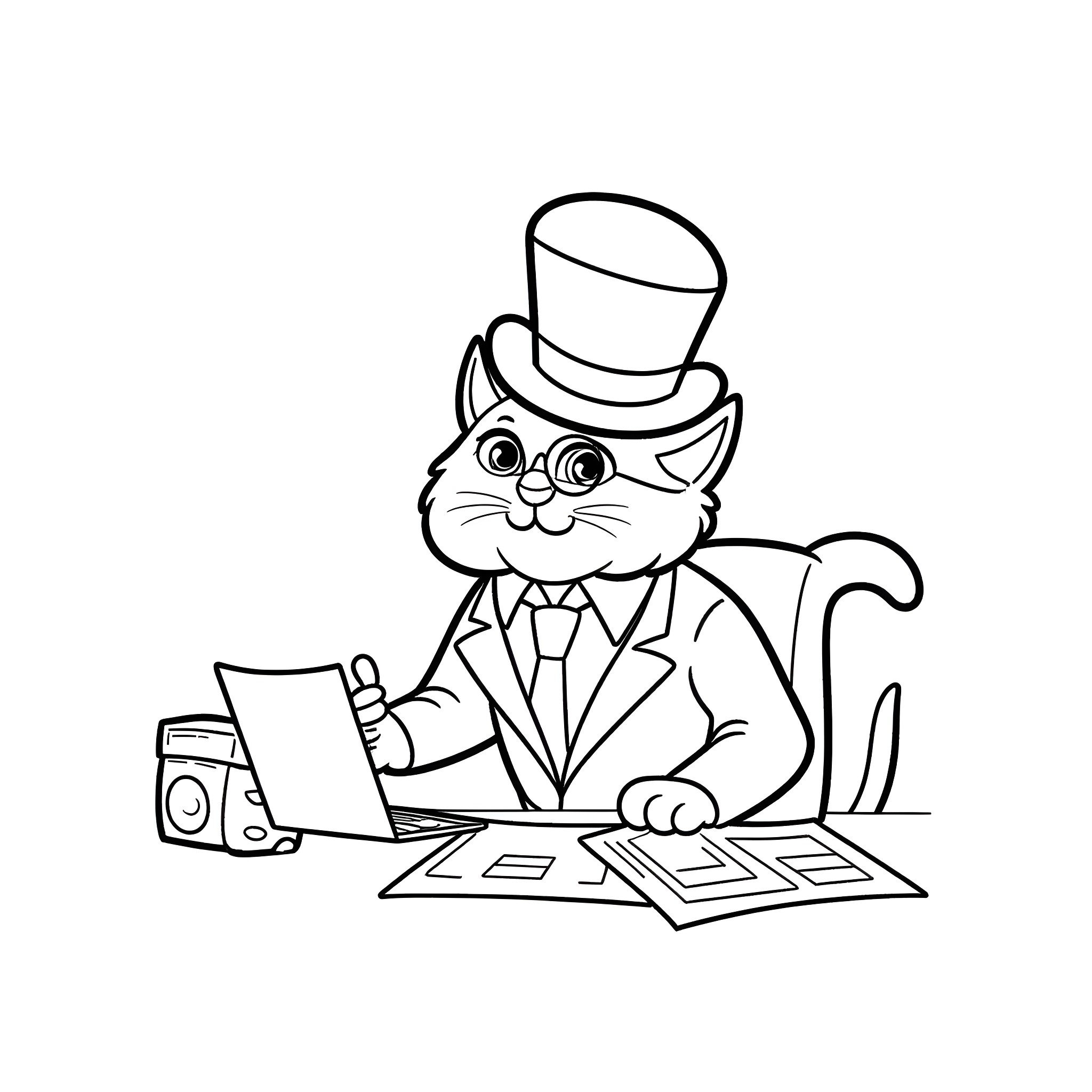 Cat in formal attire working at desk Coloring Page (free black-and-white line drawing printable PDF for all, from beginners to advanced learners, including children, teens, adults, and seniors)