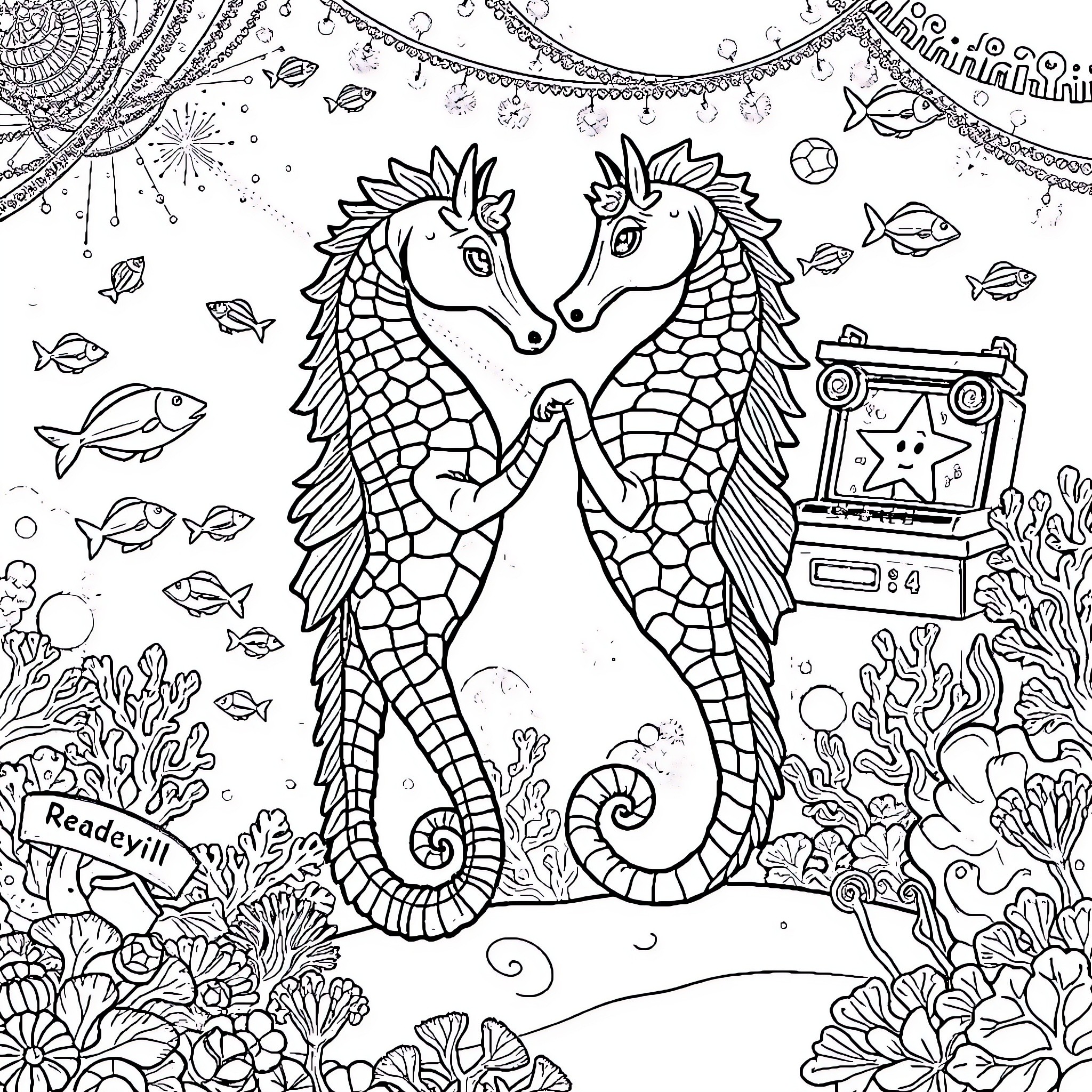 Seahorse couple dancing in the magical underwater world Coloring Page (free black-and-white line drawing printable PDF for all, from beginners to advanced learners, including children, teens, adults, and seniors)