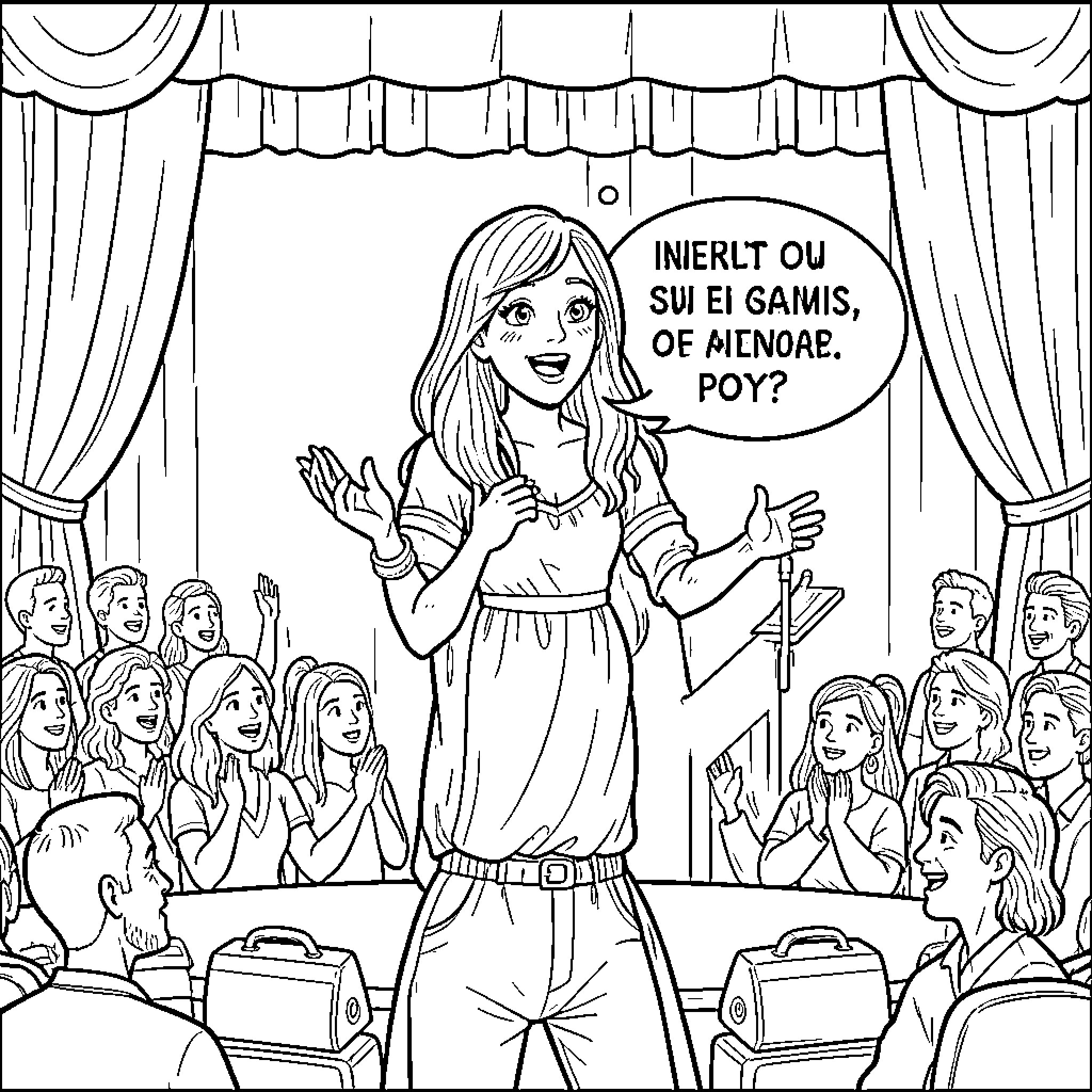 Sarah Kay performing a speech on a stage Coloring Page (free black-and-white line drawing printable PDF for all, from beginners to advanced learners, including children, teens, adults, and seniors)