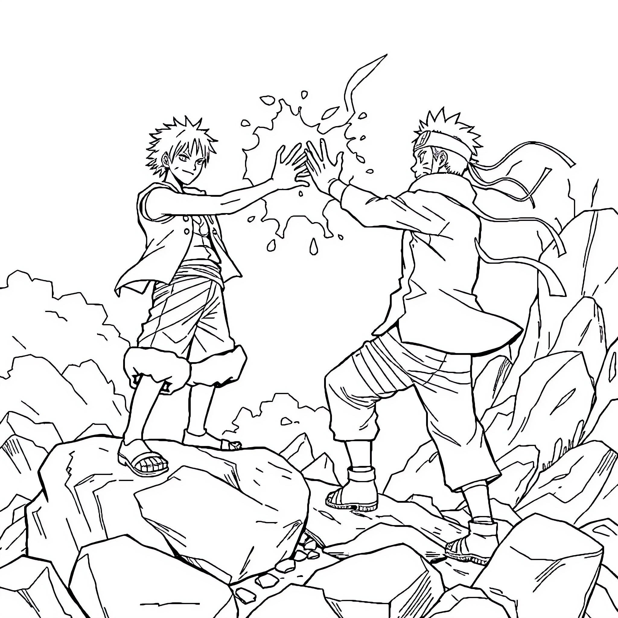 Luffy Challenges Rival in Outdoor Adventure Coloring Page (free black-and-white line drawing printable PDF for all, from beginners to advanced learners, including children, teens, adults, and seniors)