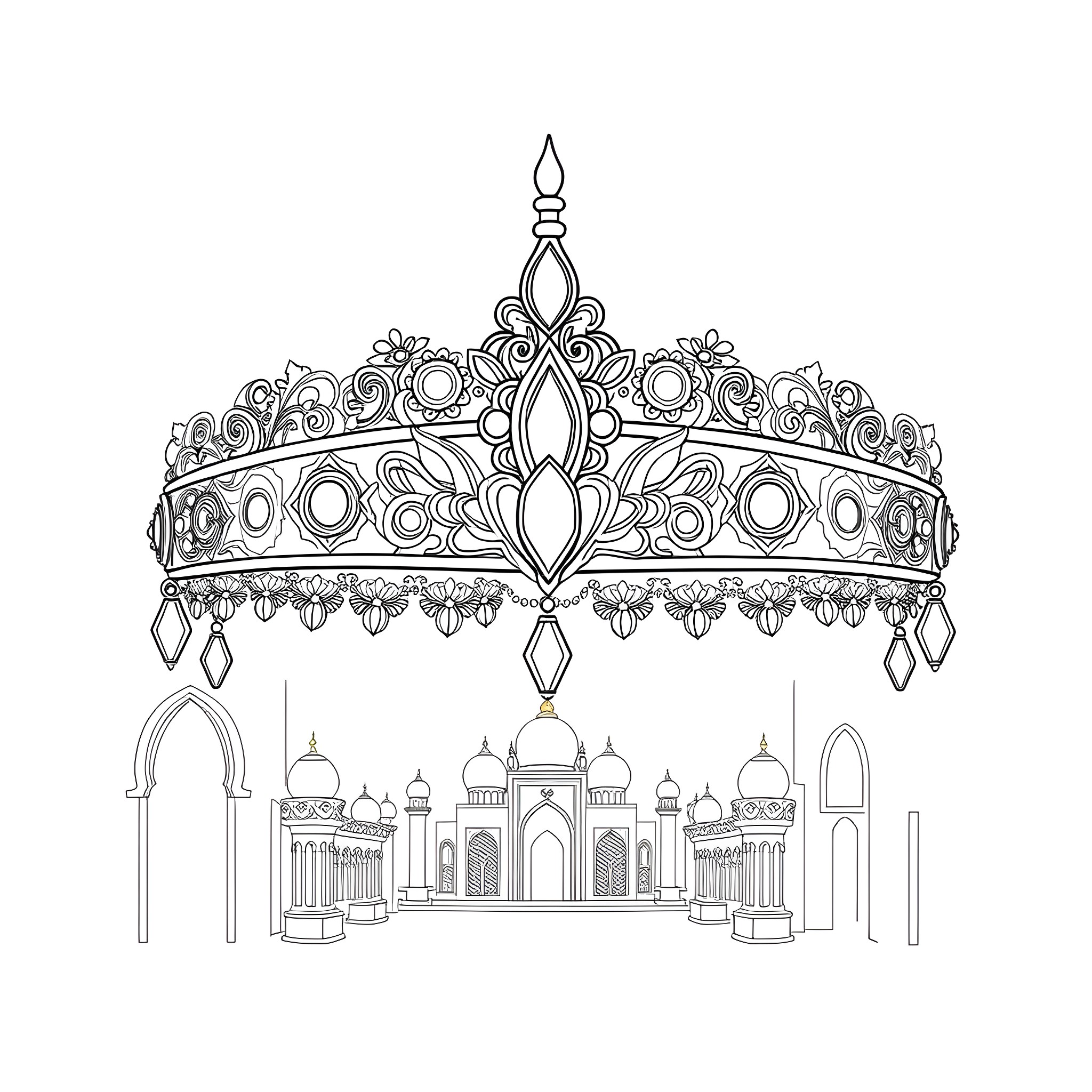 Aladdin's magical palace with ornate crown Coloring Page (free black-and-white line drawing printable PDF for all, from beginners to advanced learners, including children, teens, adults, and seniors)