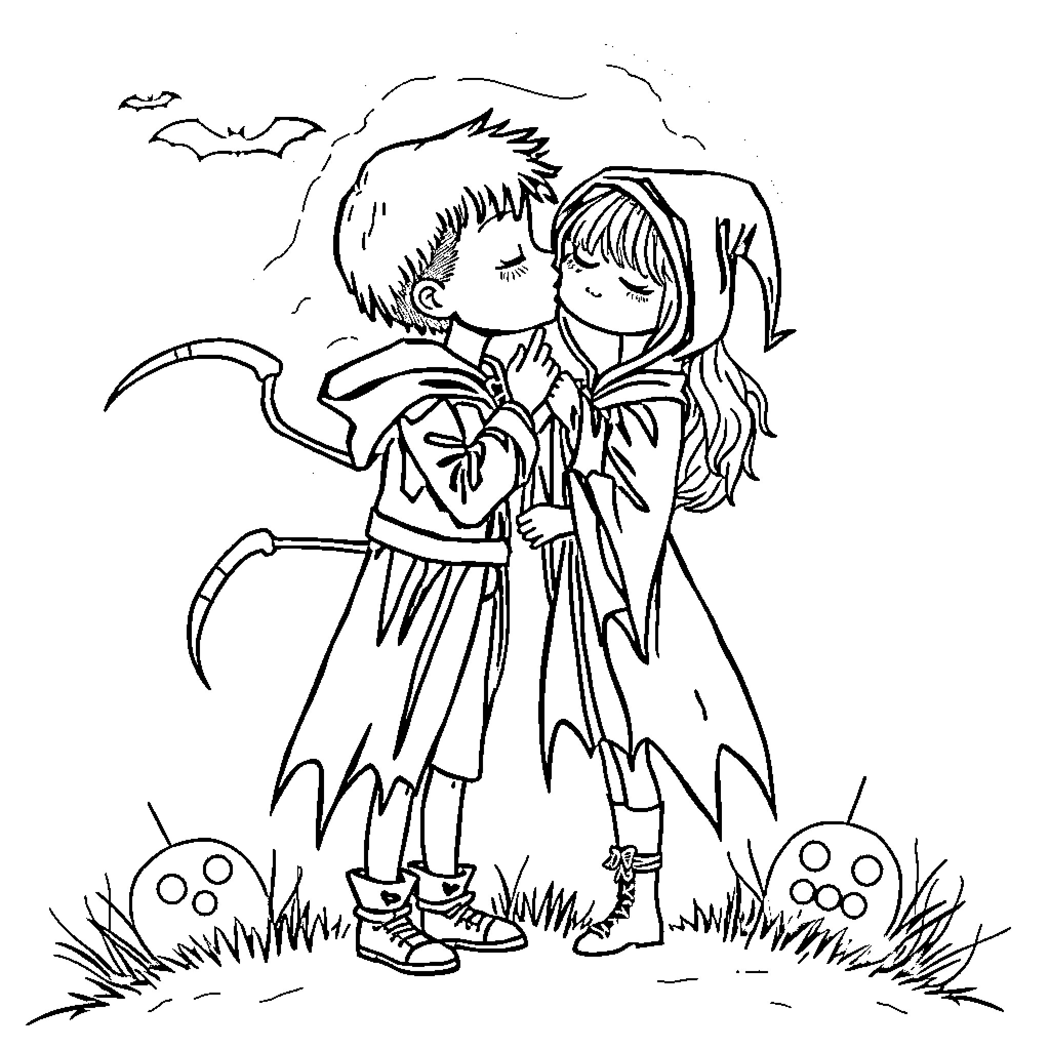 Grim Reaper Couple in Eerie Embrace Coloring Page (free black-and-white line drawing printable PDF for all, from beginners to advanced learners, including children, teens, adults, and seniors)