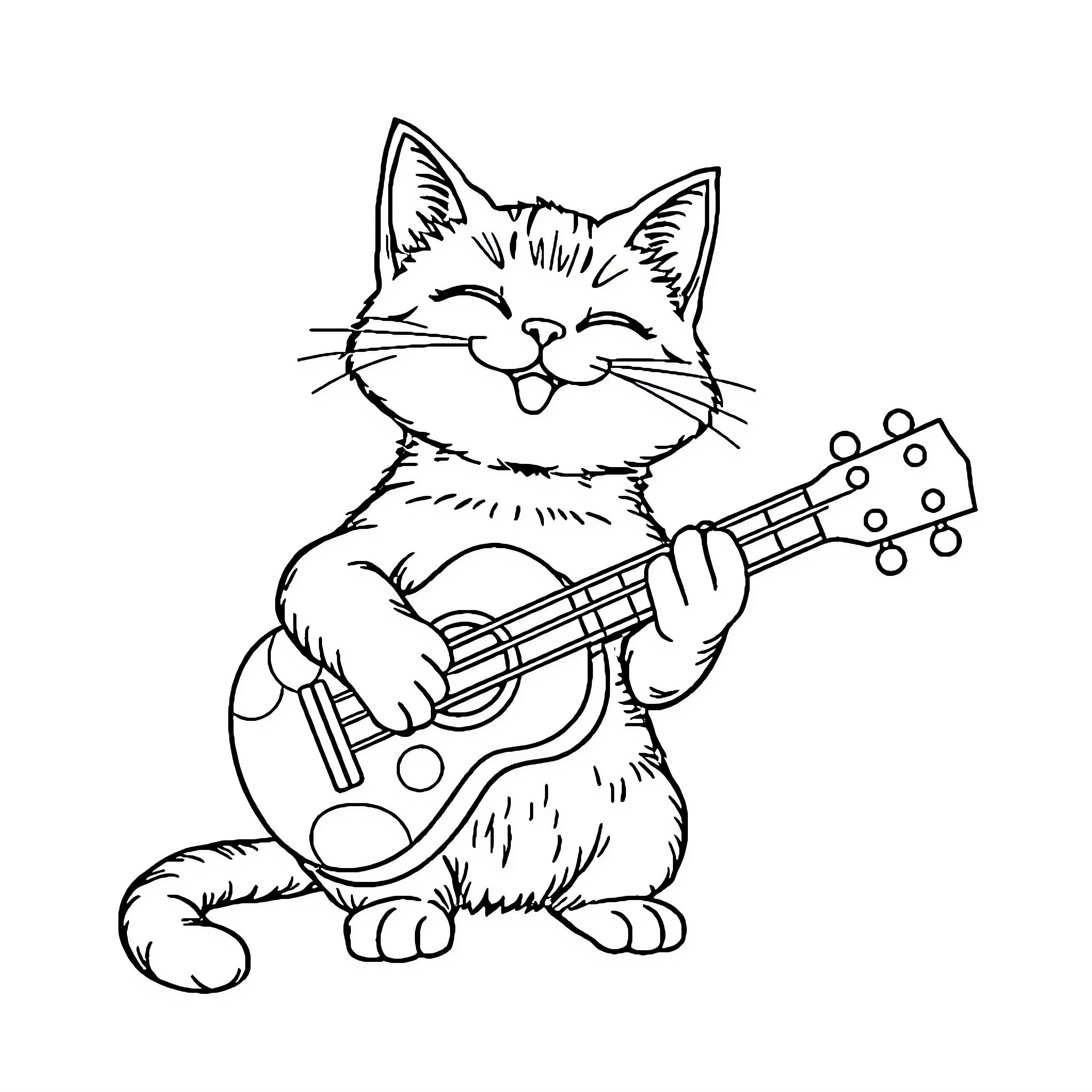 Cat playing guitar with joy Coloring Page (free black-and-white line drawing printable PDF for all, from beginners to advanced learners, including children, teens, adults, and seniors)