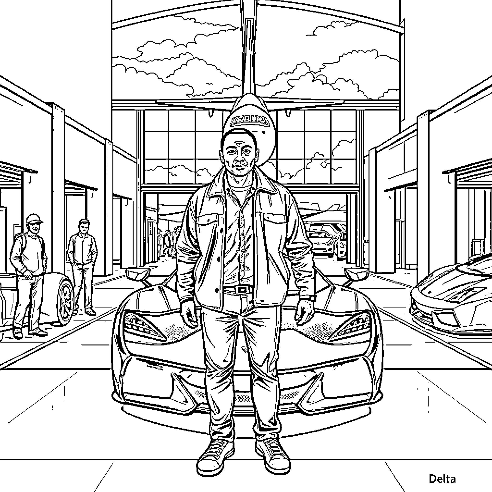 Zombie standing proudly with futuristic vehicle Coloring Page (free black-and-white line drawing printable PDF for all, from beginners to advanced learners, including children, teens, adults, and seniors)
