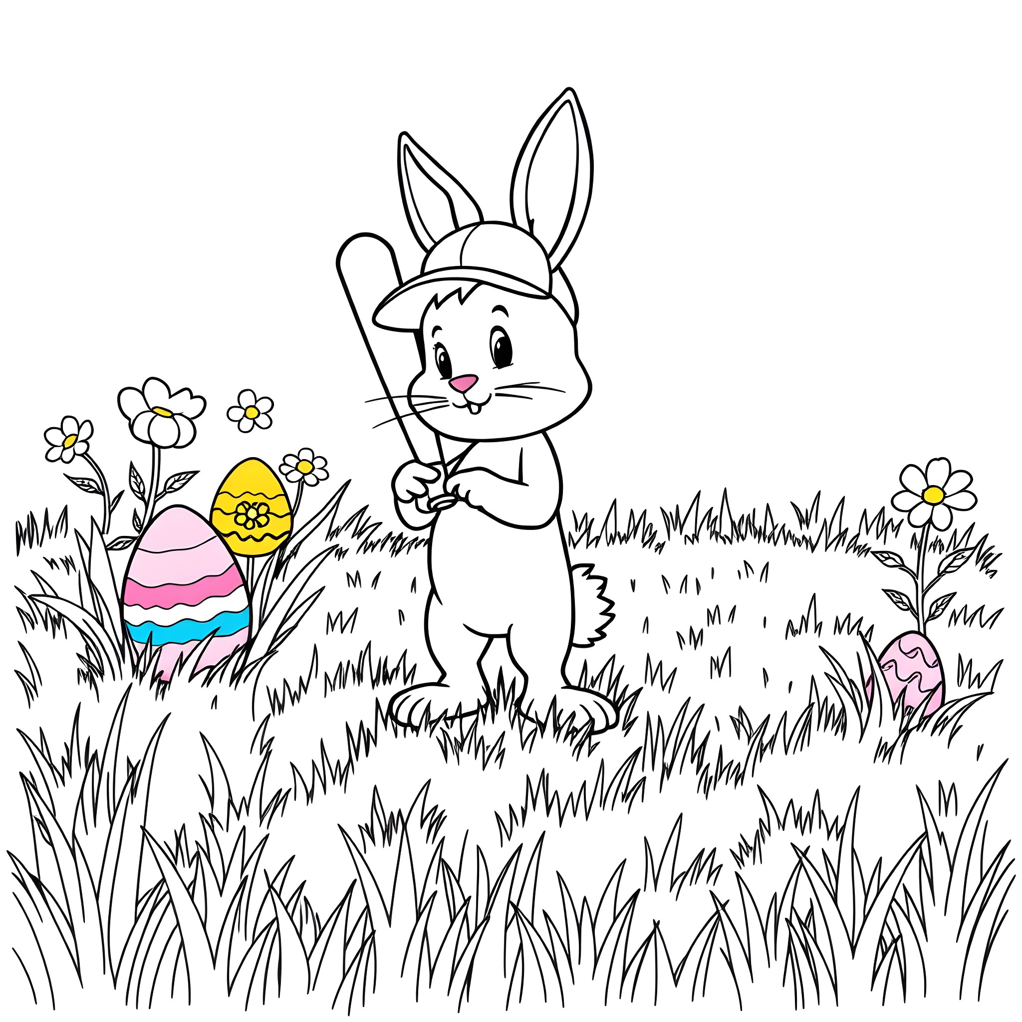 Ness the Bunny's Easter Egg Adventure Coloring Page (free black-and-white line drawing printable PDF for all, from beginners to advanced learners, including children, teens, adults, and seniors)