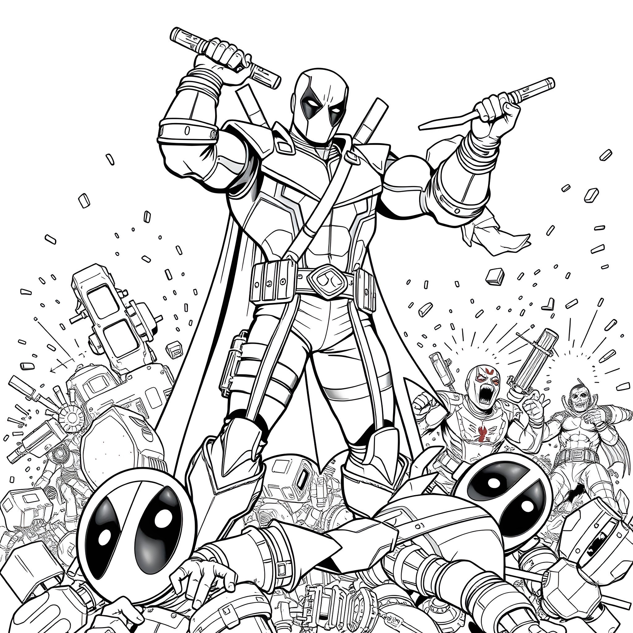 All Might: The Heroic Deadpool Stands Amid Explosive Action Coloring Page (free black-and-white line drawing printable PDF for all, from beginners to advanced learners, including children, teens, adults, and seniors)
