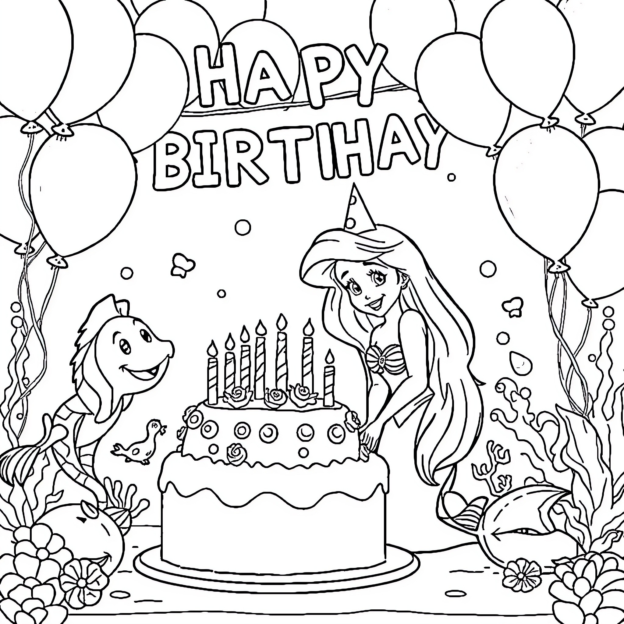 Ariel's Underwater Birthday Celebration Coloring Page (free black-and-white line drawing printable PDF for all, from beginners to advanced learners, including children, teens, adults, and seniors)