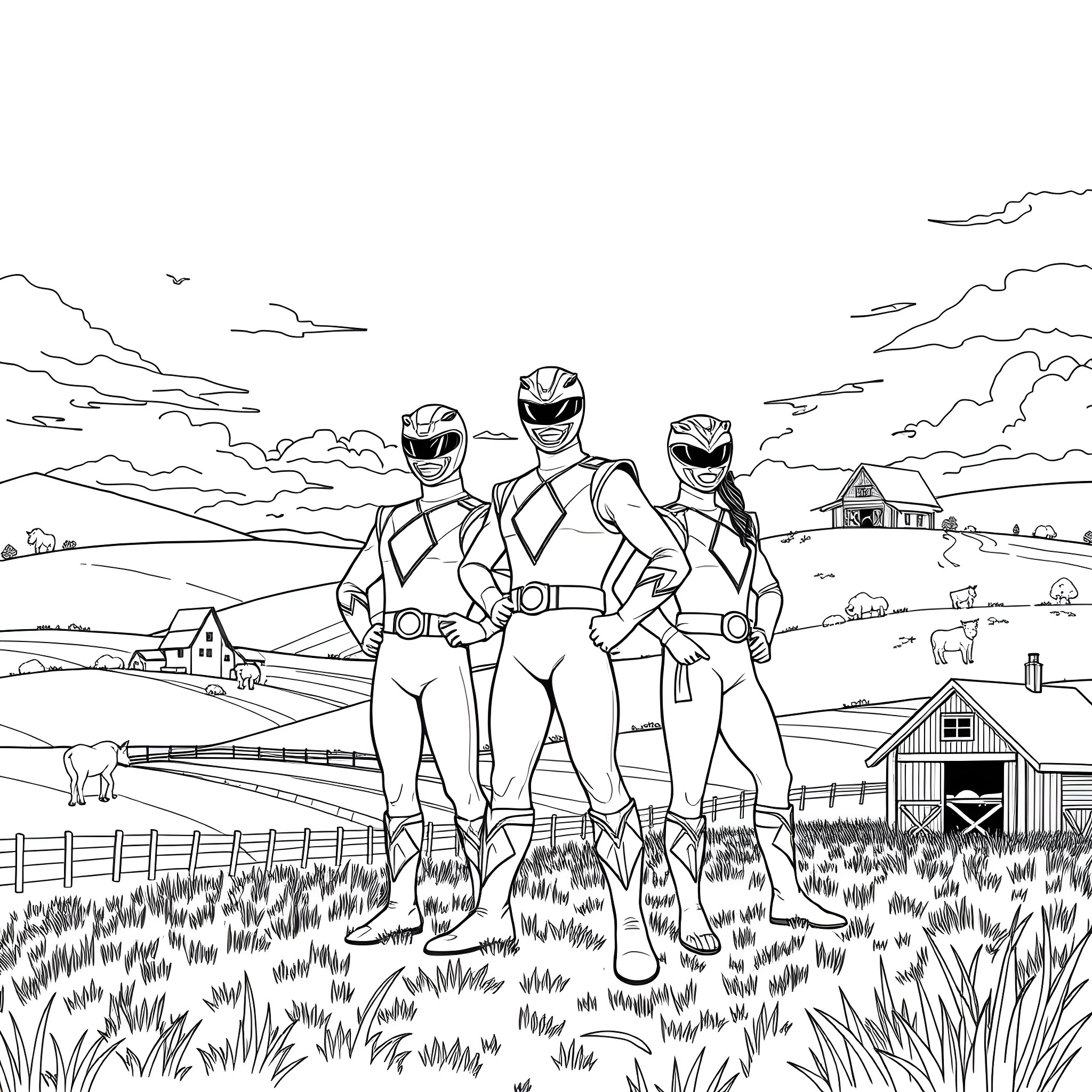 Power Rangers in heroic stance on countryside landscape Coloring Page (free black-and-white line drawing printable PDF for all, from beginners to advanced learners, including children, teens, adults, and seniors)
