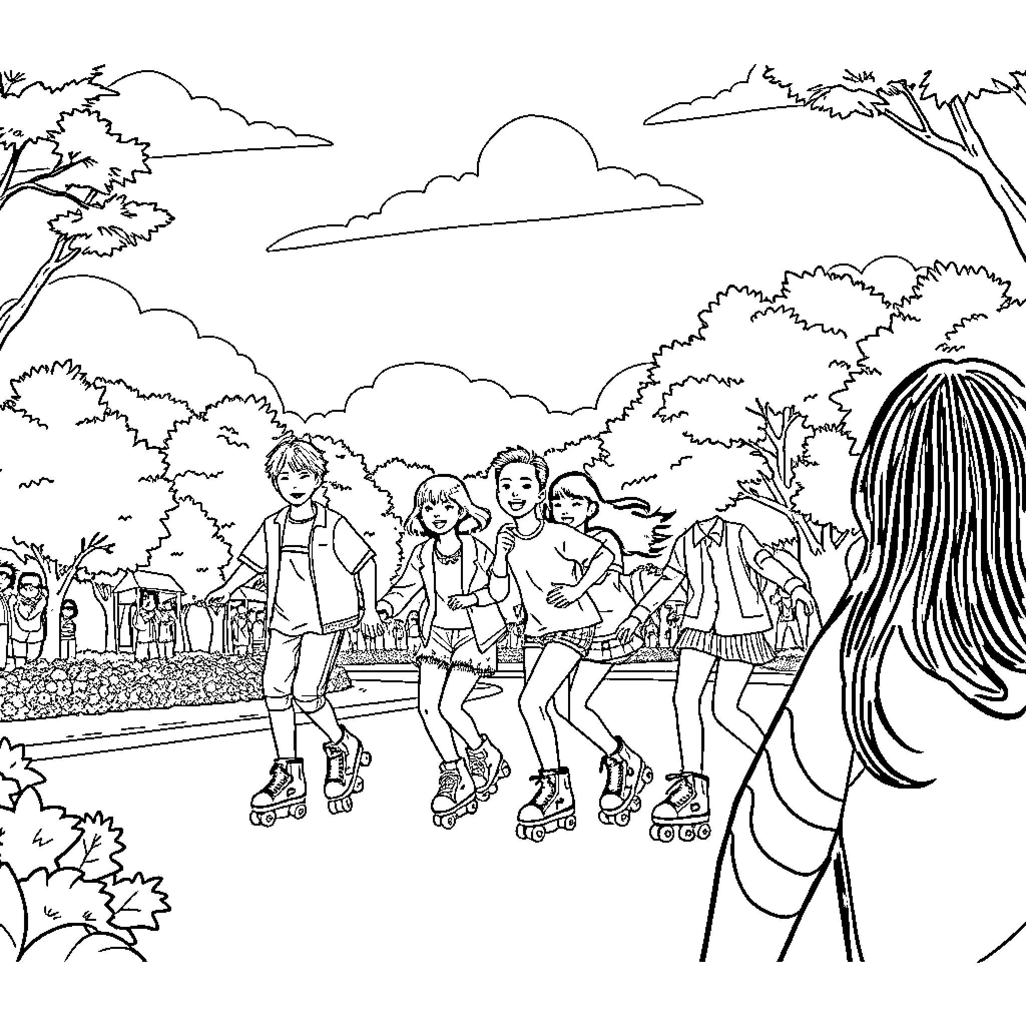 Stray Kids enjoying a day of rollerblading in the park Coloring Page (free black-and-white line drawing printable PDF for all, from beginners to advanced learners, including children, teens, adults, and seniors)