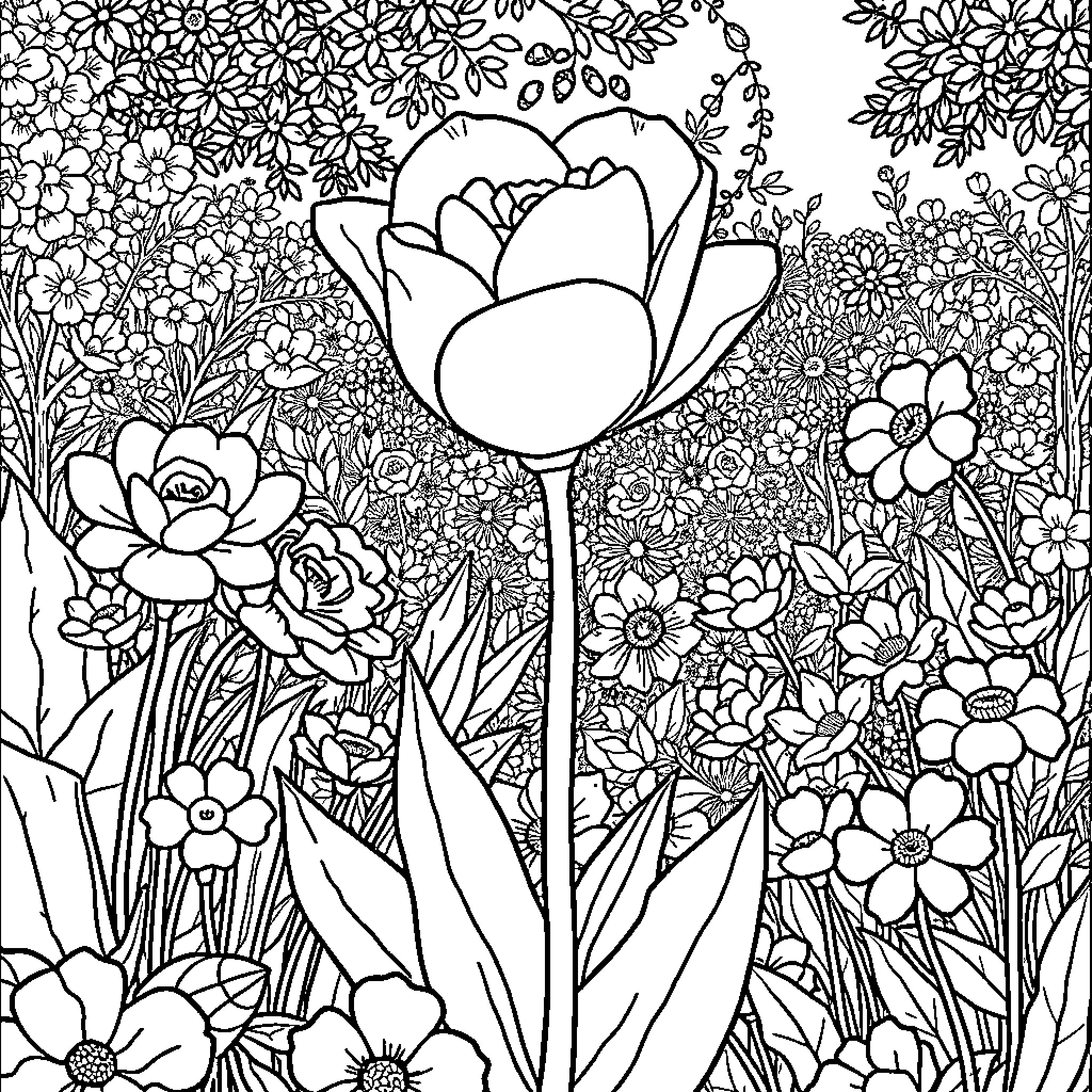 Peony blooming in a garden of flowers Coloring Page (free black-and-white line drawing printable PDF for all, from beginners to advanced learners, including children, teens, adults, and seniors)