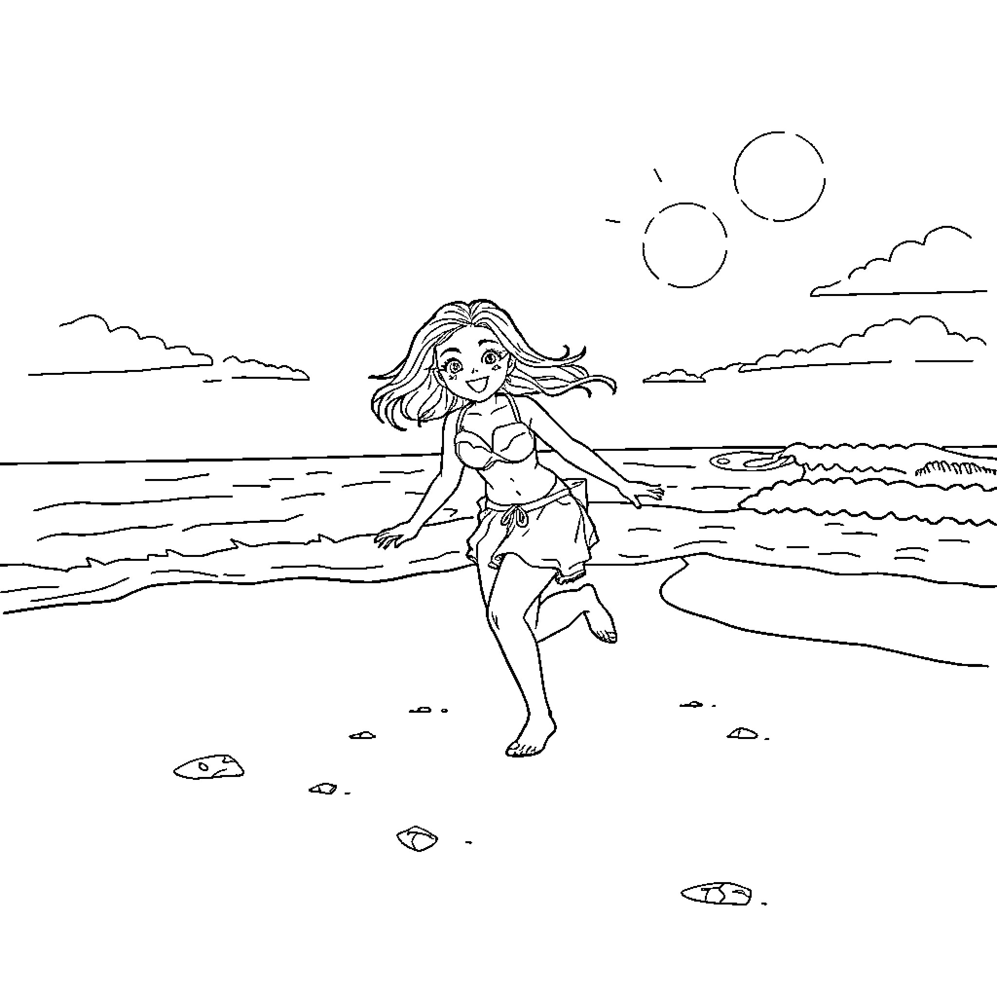 Rhea Ripley enjoying a day at the beach Coloring Page (free black-and-white line drawing printable PDF for all, from beginners to advanced learners, including children, teens, adults, and seniors)