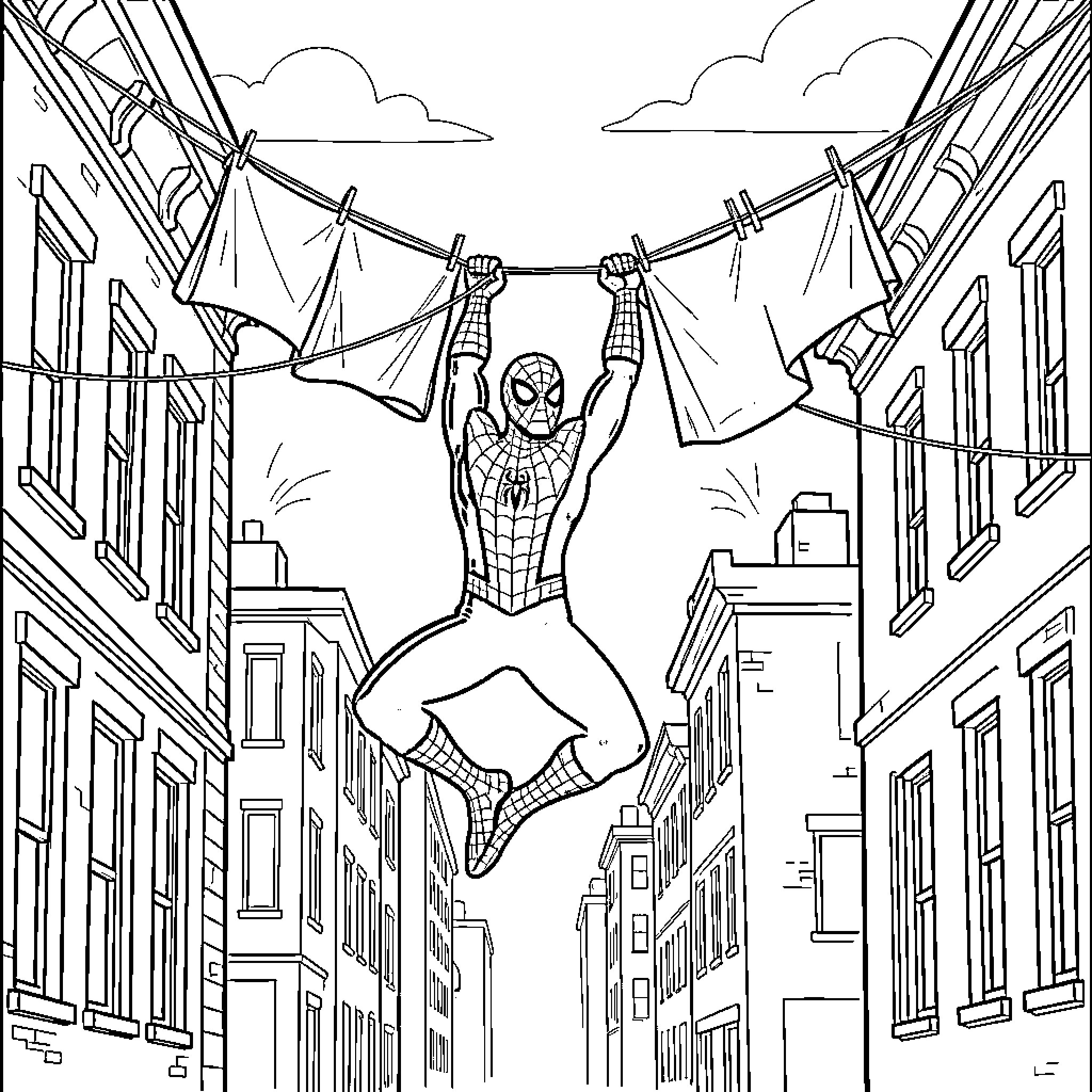 Spiderman swinging through city clotheslines Coloring Page (free black-and-white line drawing printable PDF for all, from beginners to advanced learners, including children, teens, adults, and seniors)