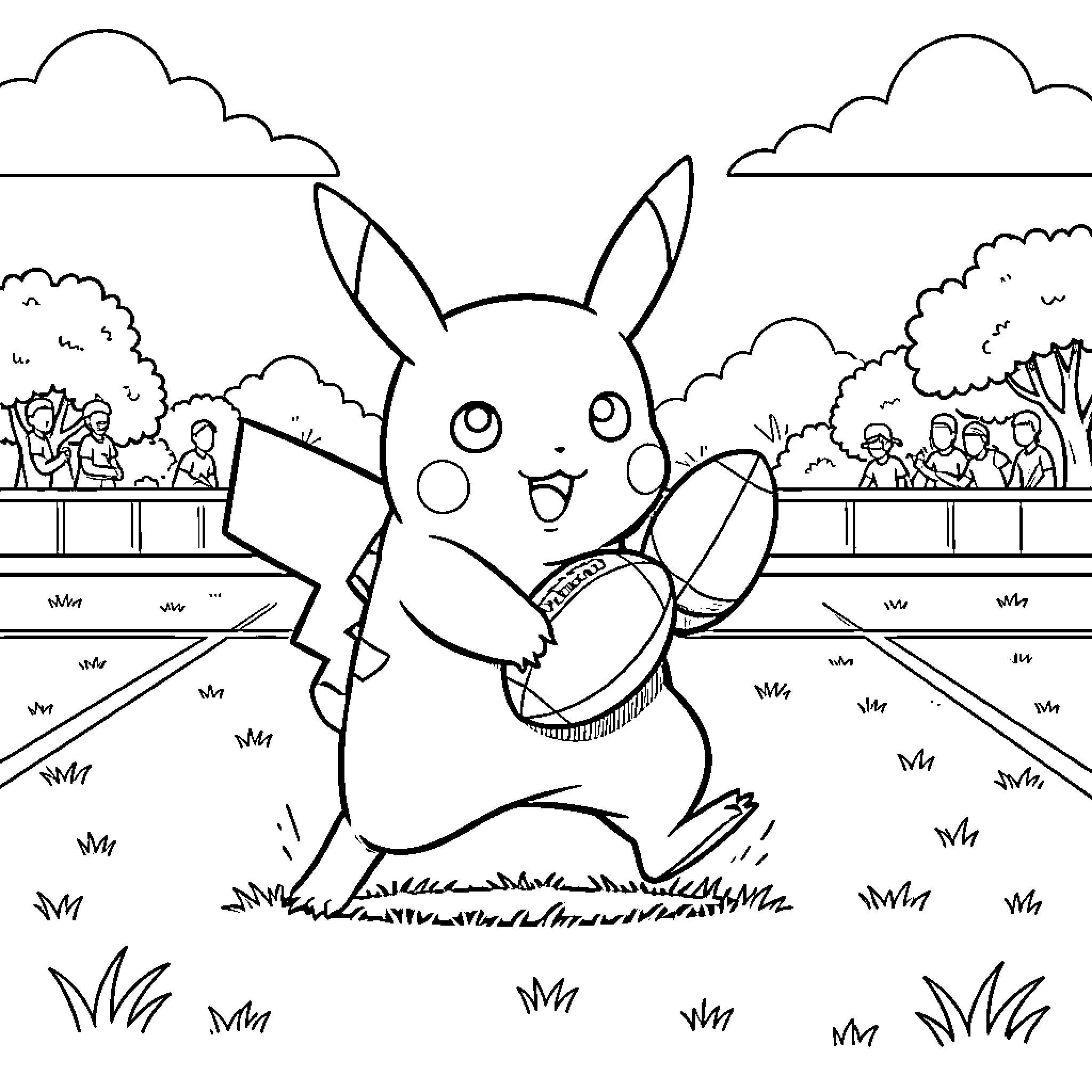 Pikachu running while carrying a rugby ball Coloring Page (free black-and-white line drawing printable PDF for all, from beginners to advanced learners, including children, teens, adults, and seniors)