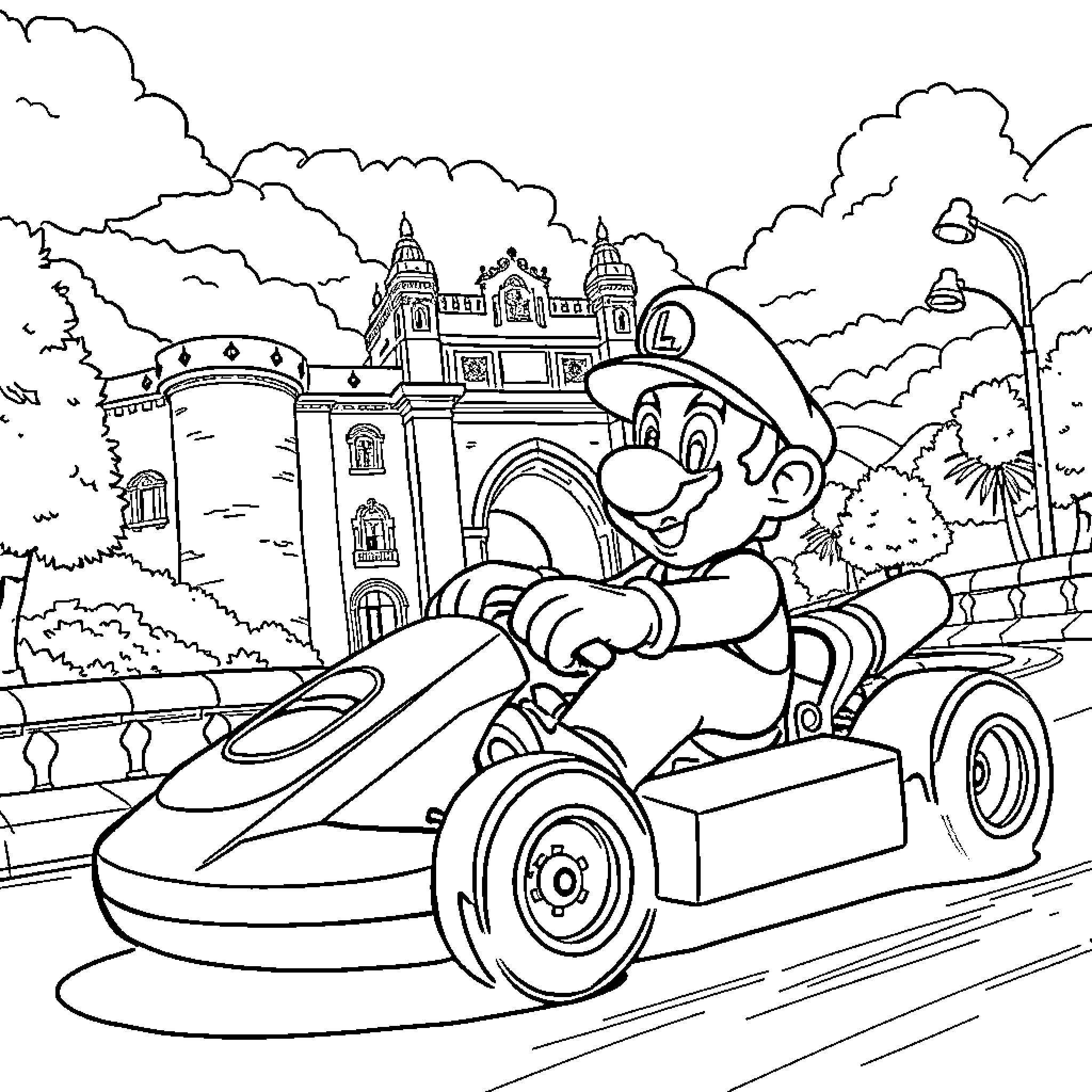 Mario's Kart Ride Through Castle Grounds Coloring Page (free black-and-white line drawing printable PDF for all, from beginners to advanced learners, including children, teens, adults, and seniors)