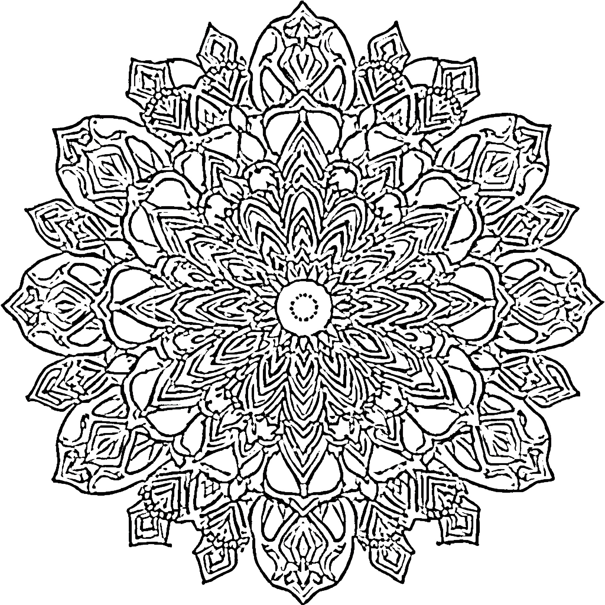 Mandalas of intricate symmetry and geometric patterns Coloring Page (free black-and-white line drawing printable PDF for all, from beginners to advanced learners, including children, teens, adults, and seniors)