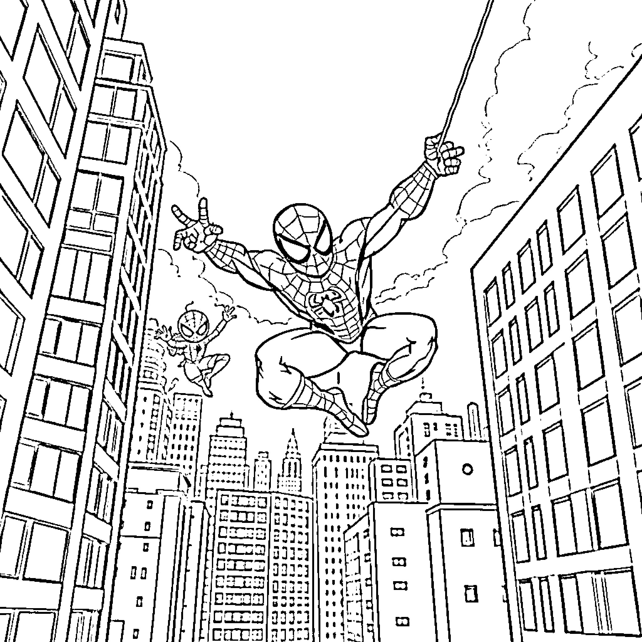 Spider-Man Swinging Through City Skyline Coloring Page (free black-and-white line drawing printable PDF for all, from beginners to advanced learners, including children, teens, adults, and seniors)