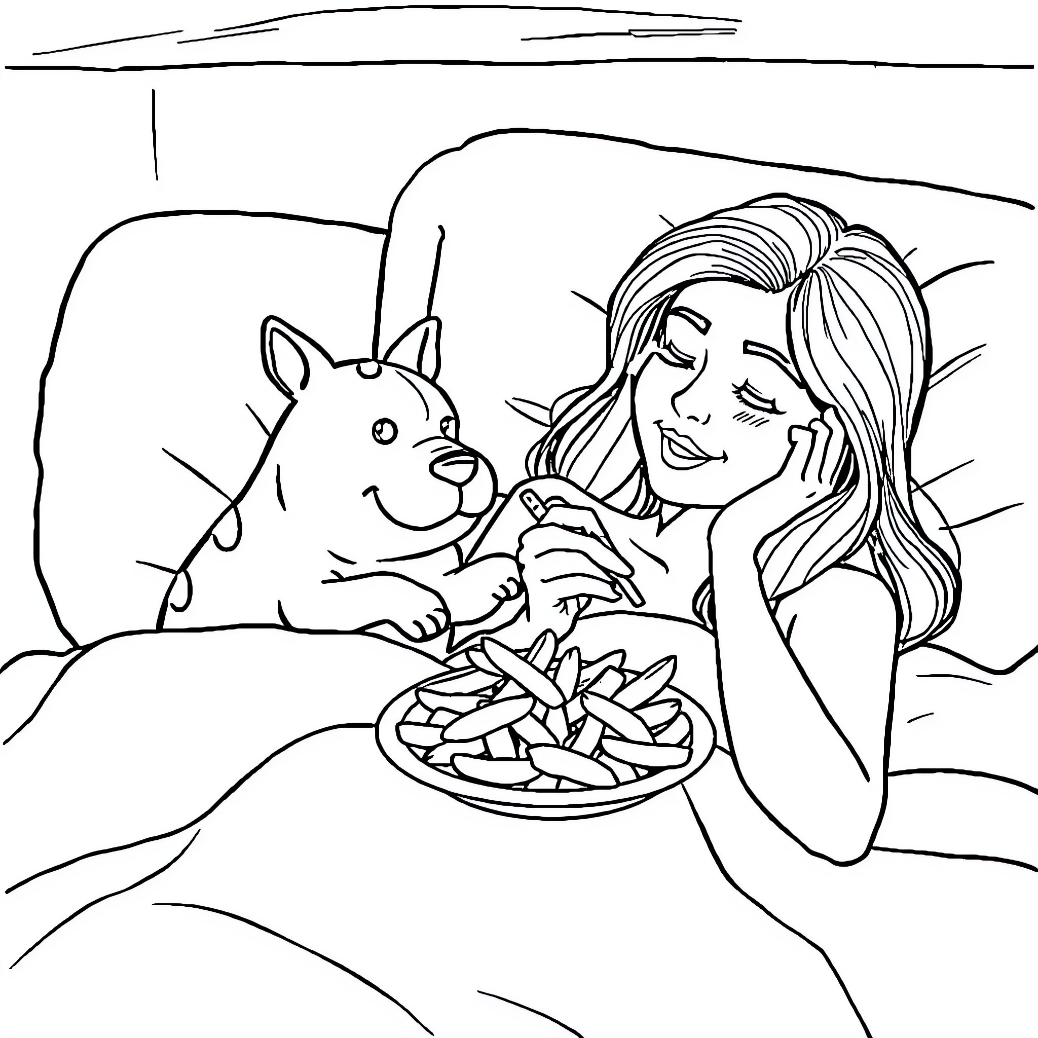 Mujer disfruta de merienda con perro Coloring Page (free black-and-white line drawing printable PDF for all, from beginners to advanced learners, including children, teens, adults, and seniors)