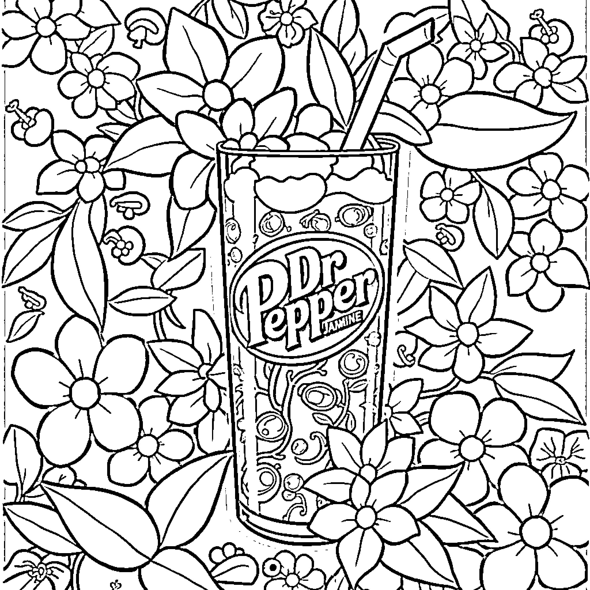 Jasmine's Floral Delight with Dr Pepper Coloring Page (free black-and-white line drawing printable PDF for all, from beginners to advanced learners, including children, teens, adults, and seniors)