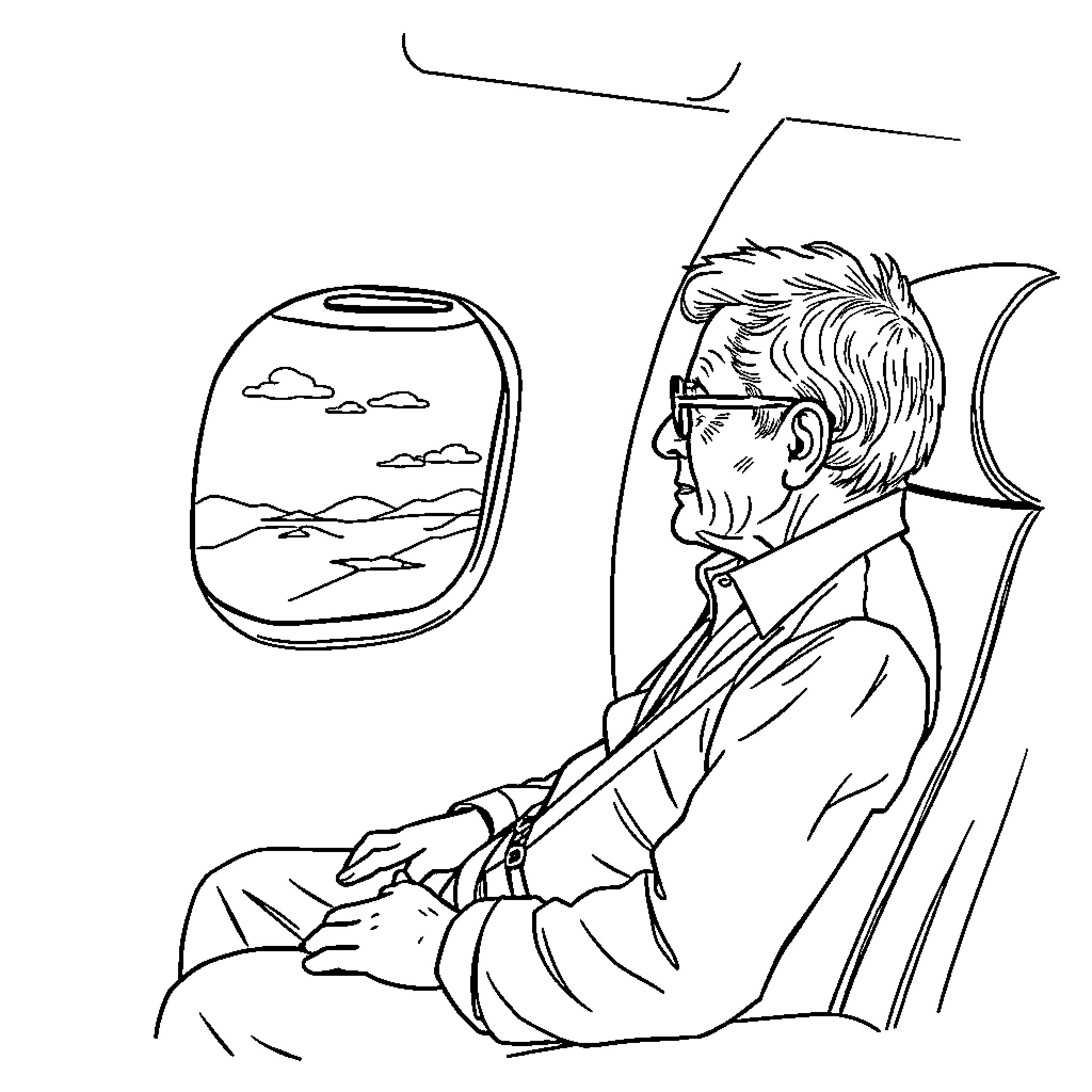 Plane passenger gazing out window Coloring Page (free black-and-white line drawing printable PDF for all, from beginners to advanced learners, including children, teens, adults, and seniors)