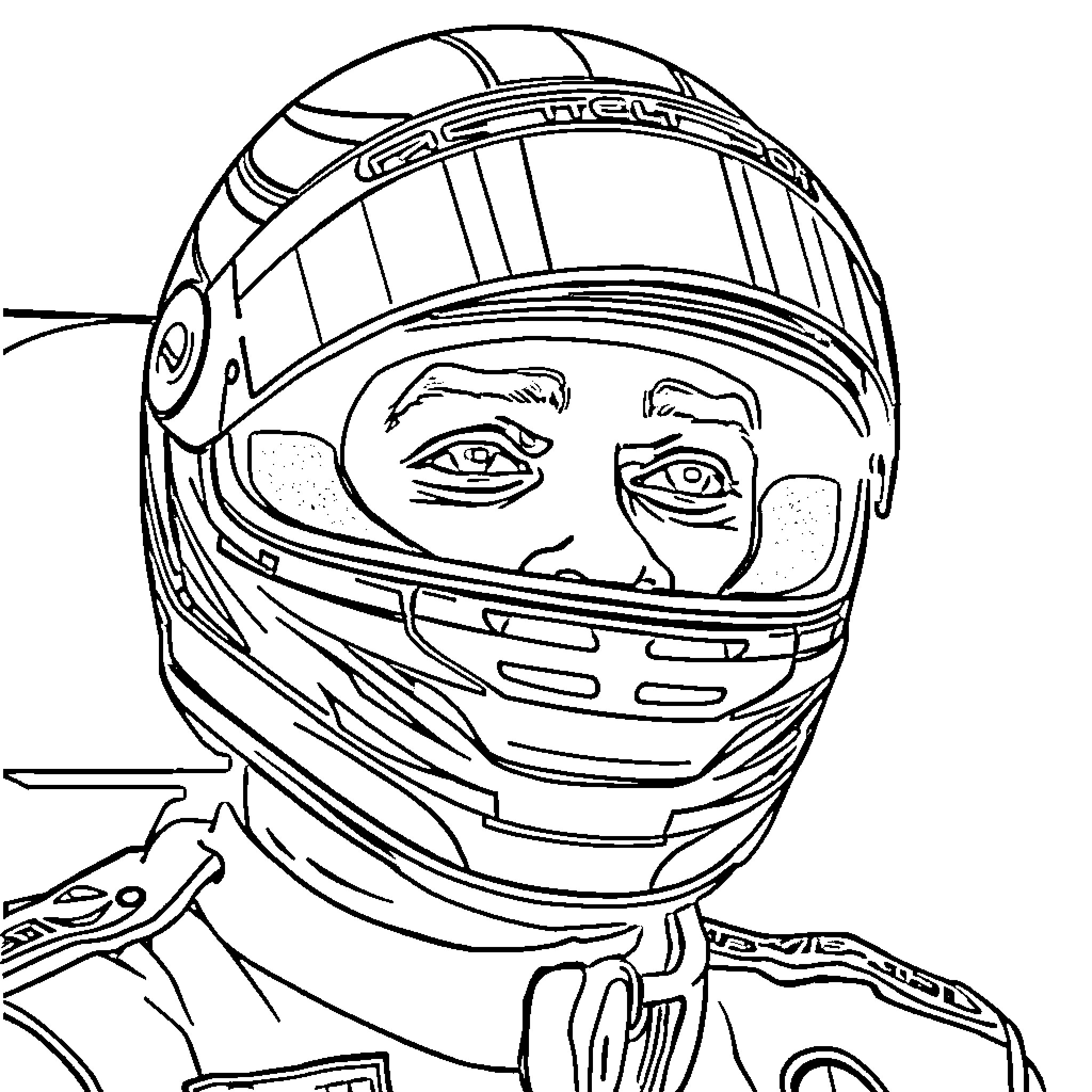 Formula 1 Driver in Protective Helmet and Uniform Coloring Page (free black-and-white line drawing printable PDF for all, from beginners to advanced learners, including children, teens, adults, and seniors)