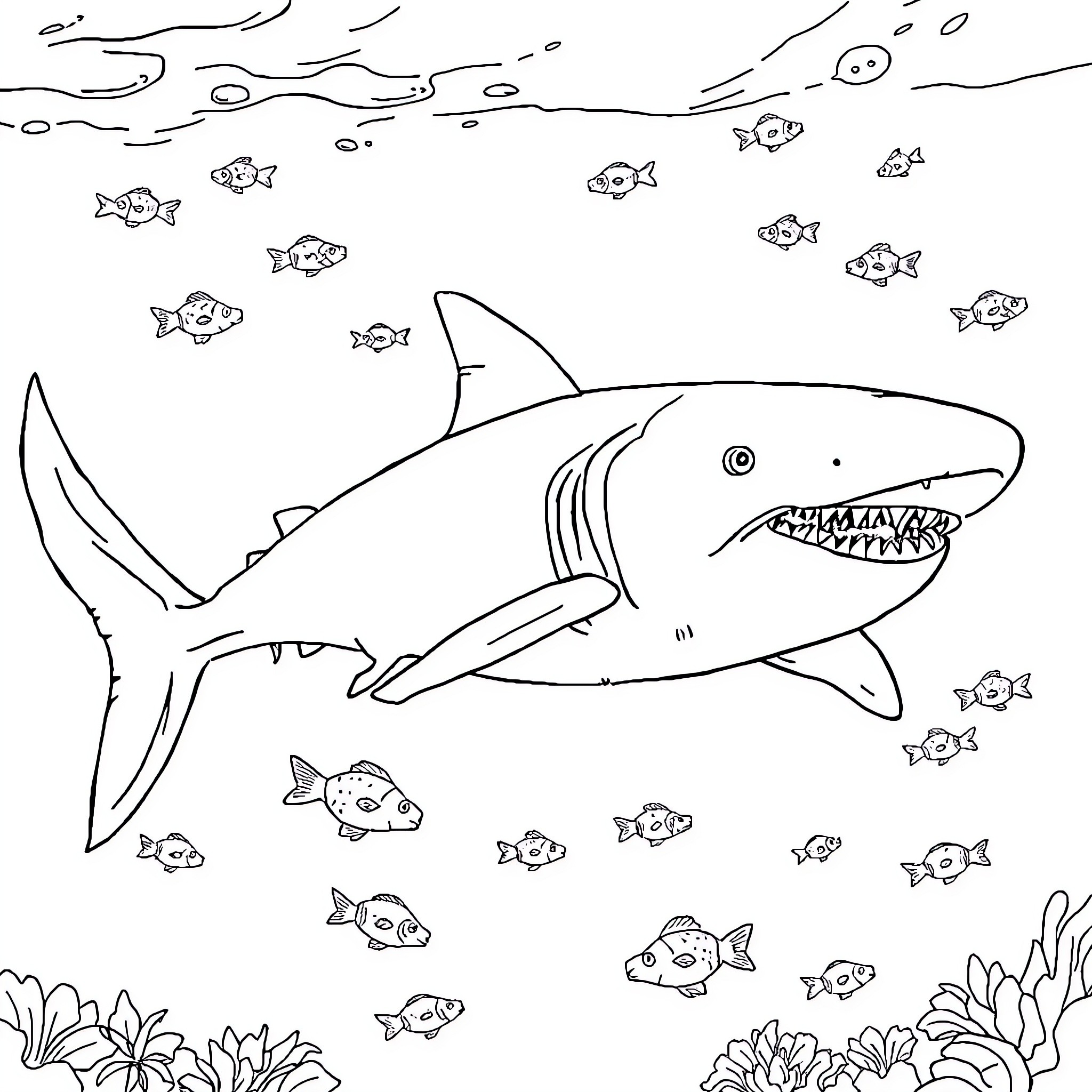 Megalodon shark hunting in the ocean Coloring Page (free black-and-white line drawing printable PDF for all, from beginners to advanced learners, including children, teens, adults, and seniors)