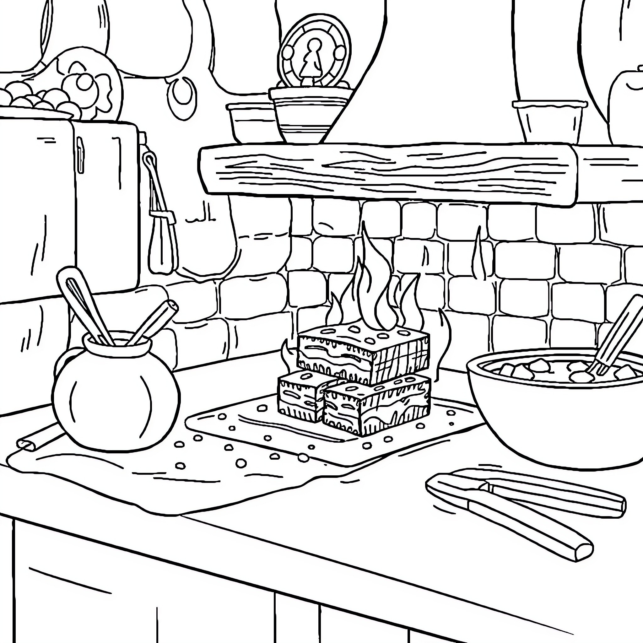 Brownie Cooking Adventure in the Kitchen Coloring Page (free black-and-white line drawing printable PDF for all, from beginners to advanced learners, including children, teens, adults, and seniors)
