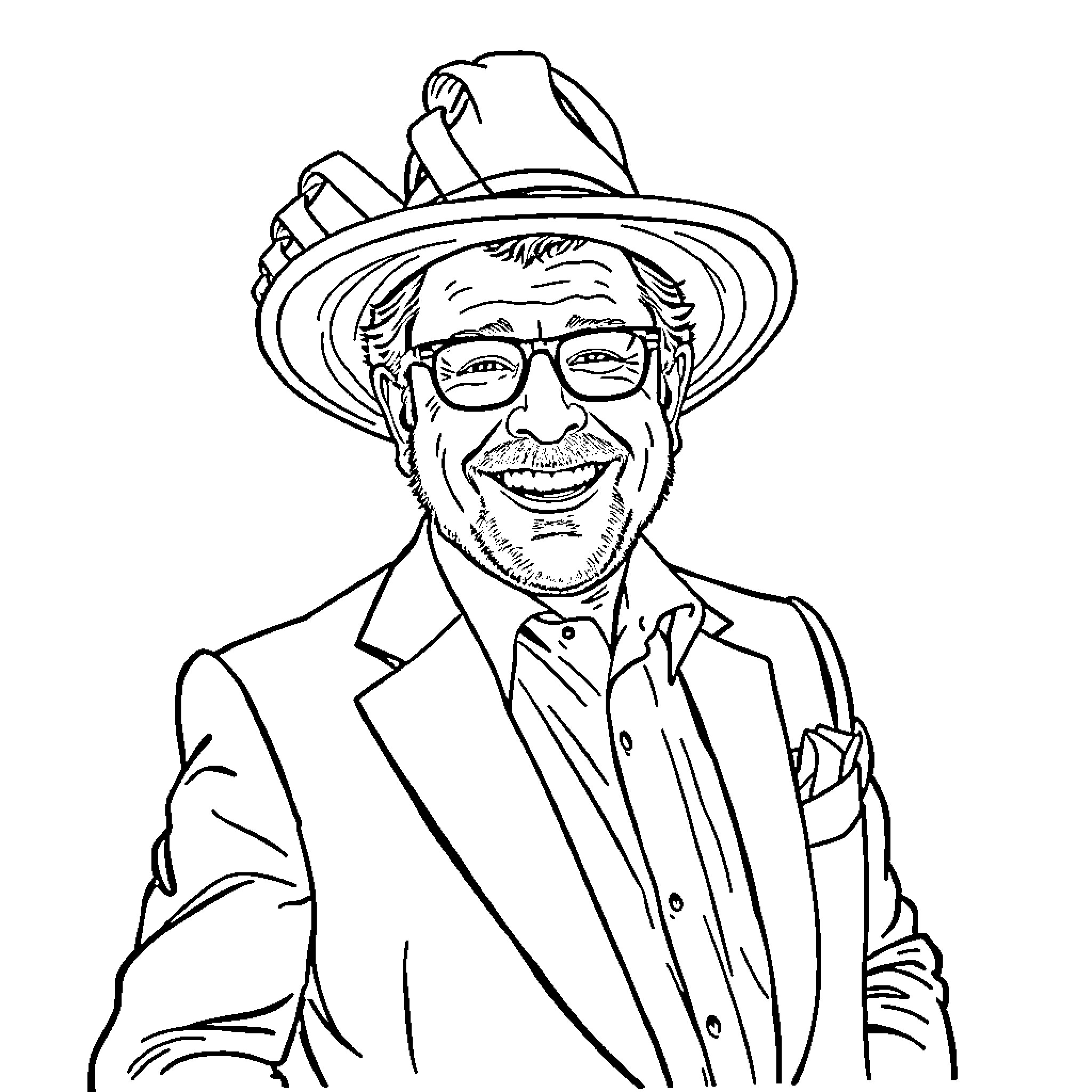 Warwick Davis in a Joyful Expression with Hat and Glasses Coloring Page (free black-and-white line drawing printable PDF for all, from beginners to advanced learners, including children, teens, adults, and seniors)