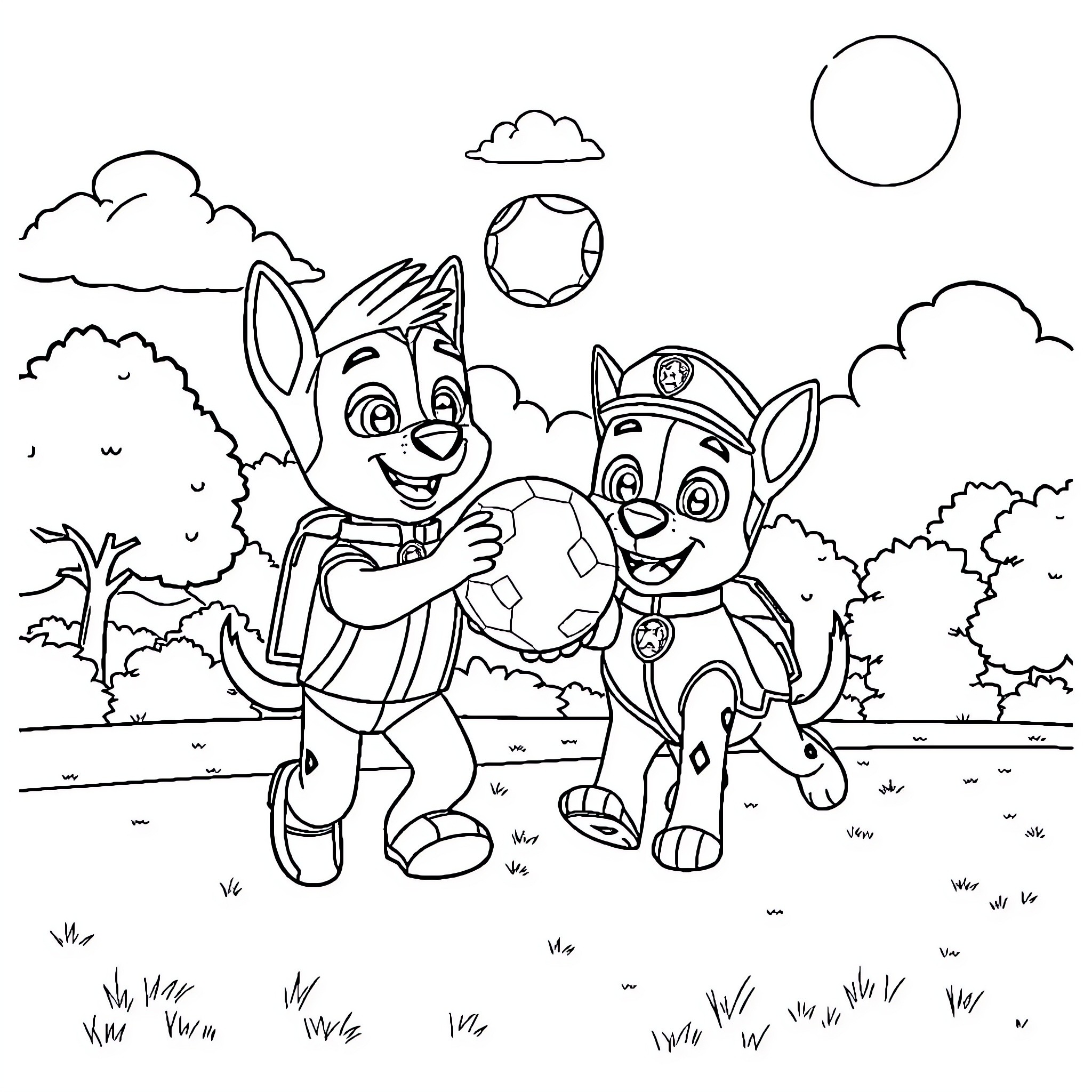 Paw Patrol pups playing with soccer ball in the park Coloring Page (free black-and-white line drawing printable PDF for all, from beginners to advanced learners, including children, teens, adults, and seniors)