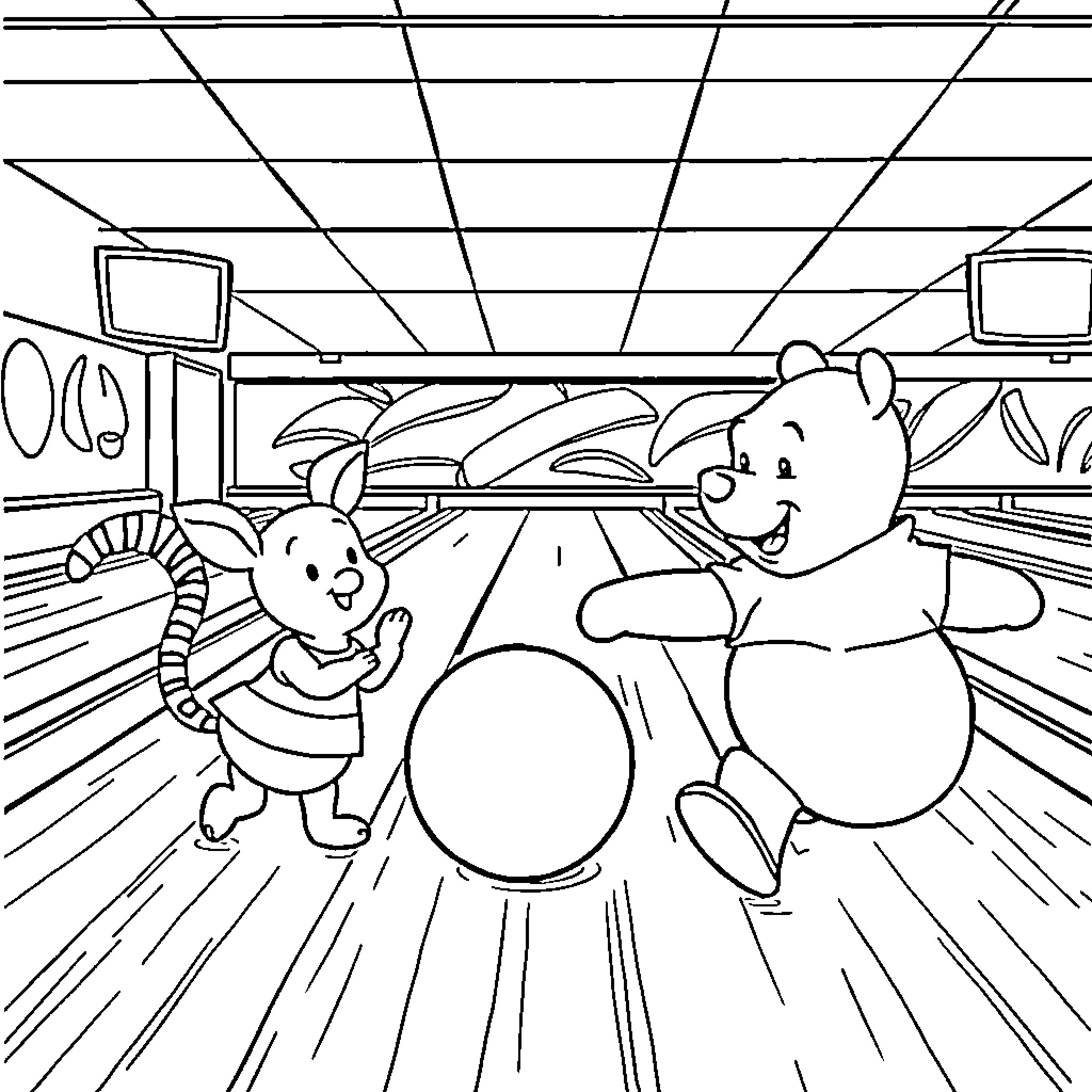 Winnie The Pooh and Piglet Playing Joyfully Coloring Page (free black-and-white line drawing printable PDF for all, from beginners to advanced learners, including children, teens, adults, and seniors)