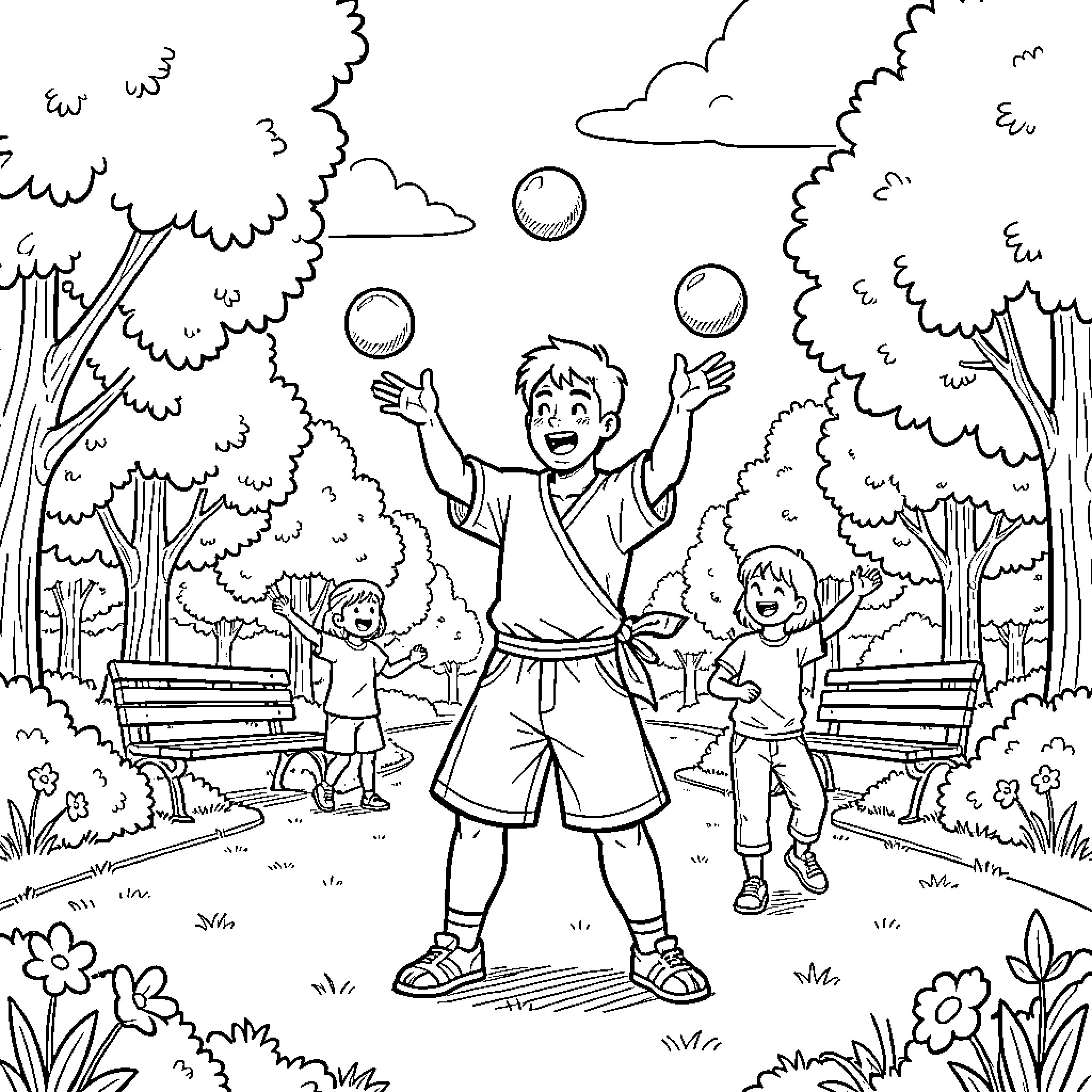 Sangoku juggling balls happily in a park setting Coloring Page (free black-and-white line drawing printable PDF for all, from beginners to advanced learners, including children, teens, adults, and seniors)