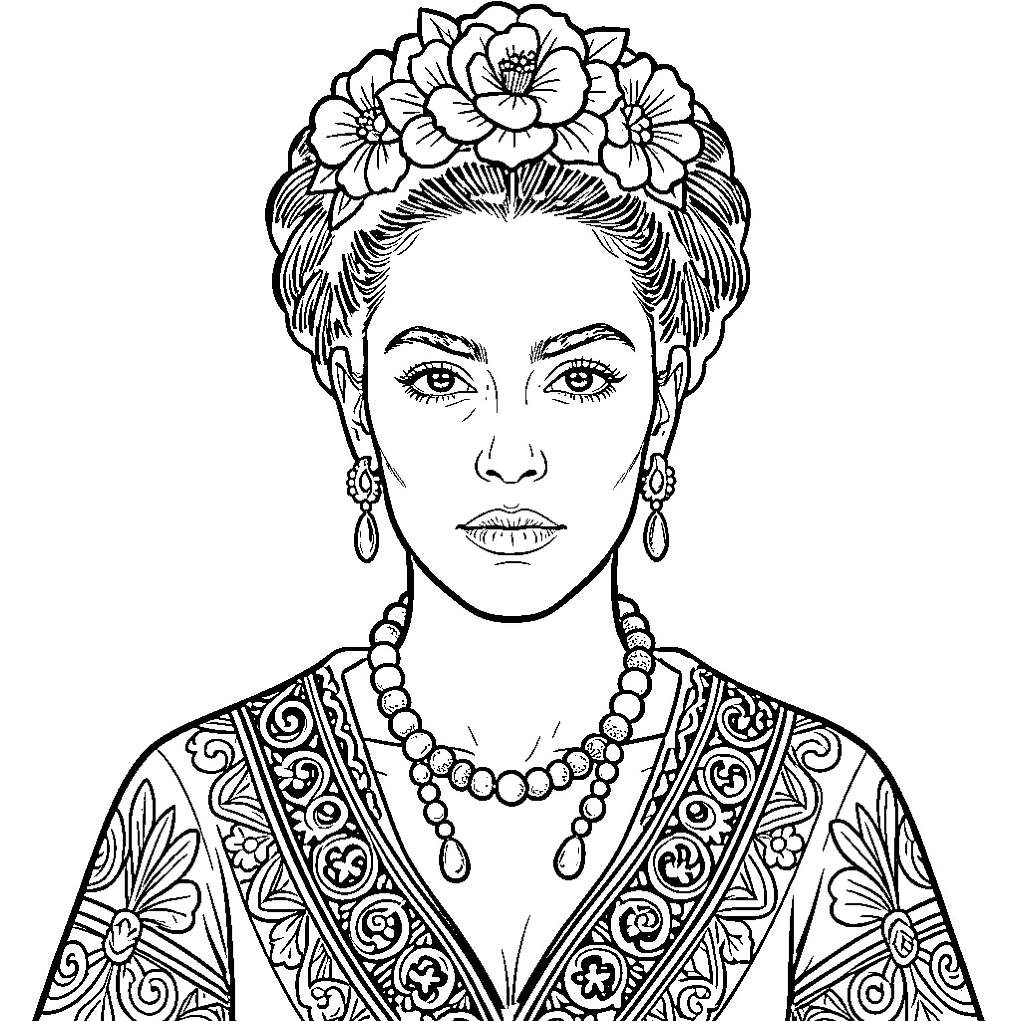 Frida Kahlo wearing floral crown and traditional jewelry Coloring Page (free black-and-white line drawing printable PDF for all, from beginners to advanced learners, including children, teens, adults, and seniors)