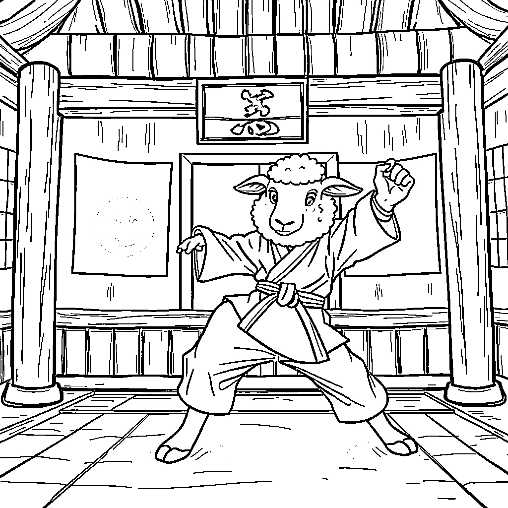 Karatesheep performing martial arts in a dojo Coloring Page (free black-and-white line drawing printable PDF for all, from beginners to advanced learners, including children, teens, adults, and seniors)