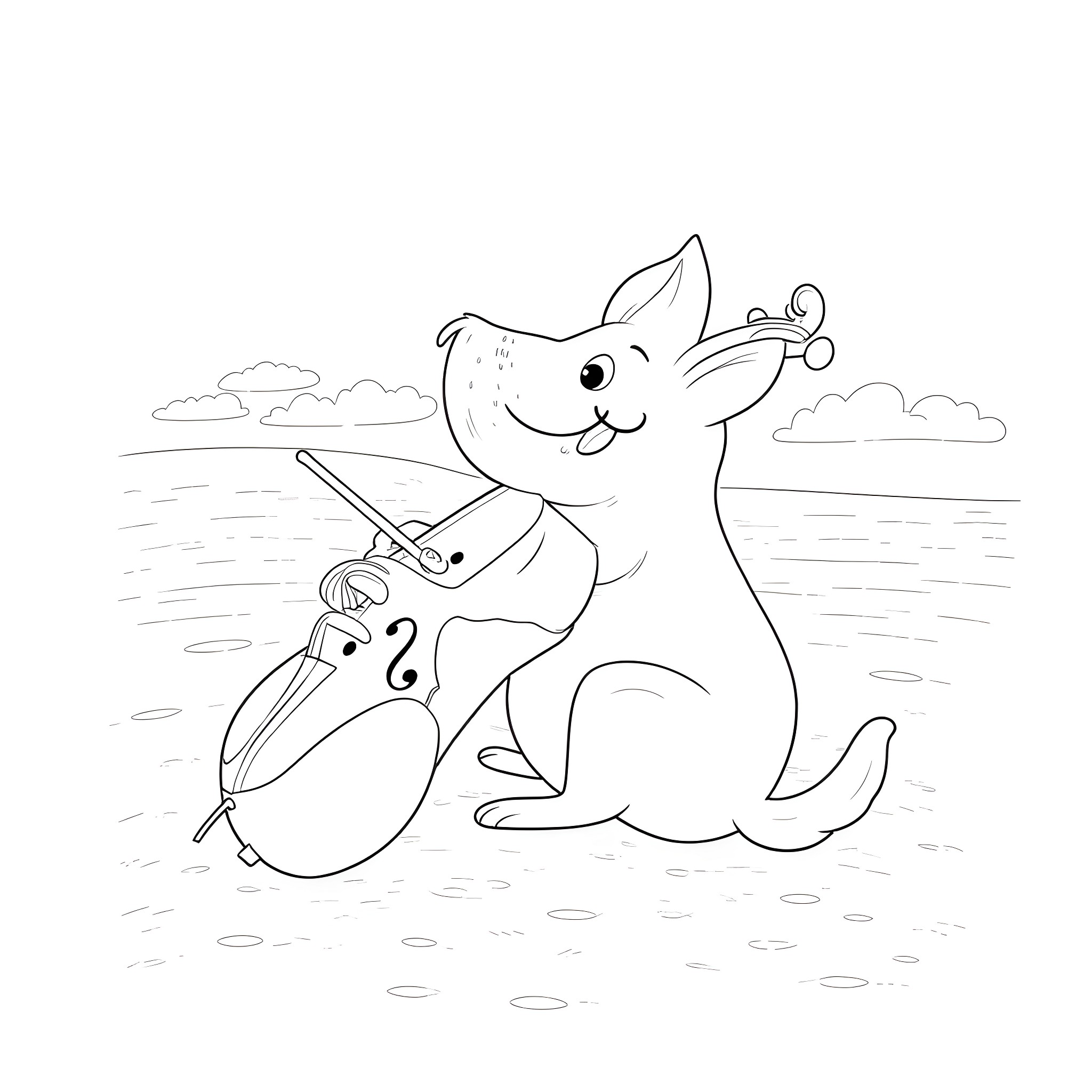 Dog playing with a toy at the beach Coloring Page (free black-and-white line drawing printable PDF for all, from beginners to advanced learners, including children, teens, adults, and seniors)