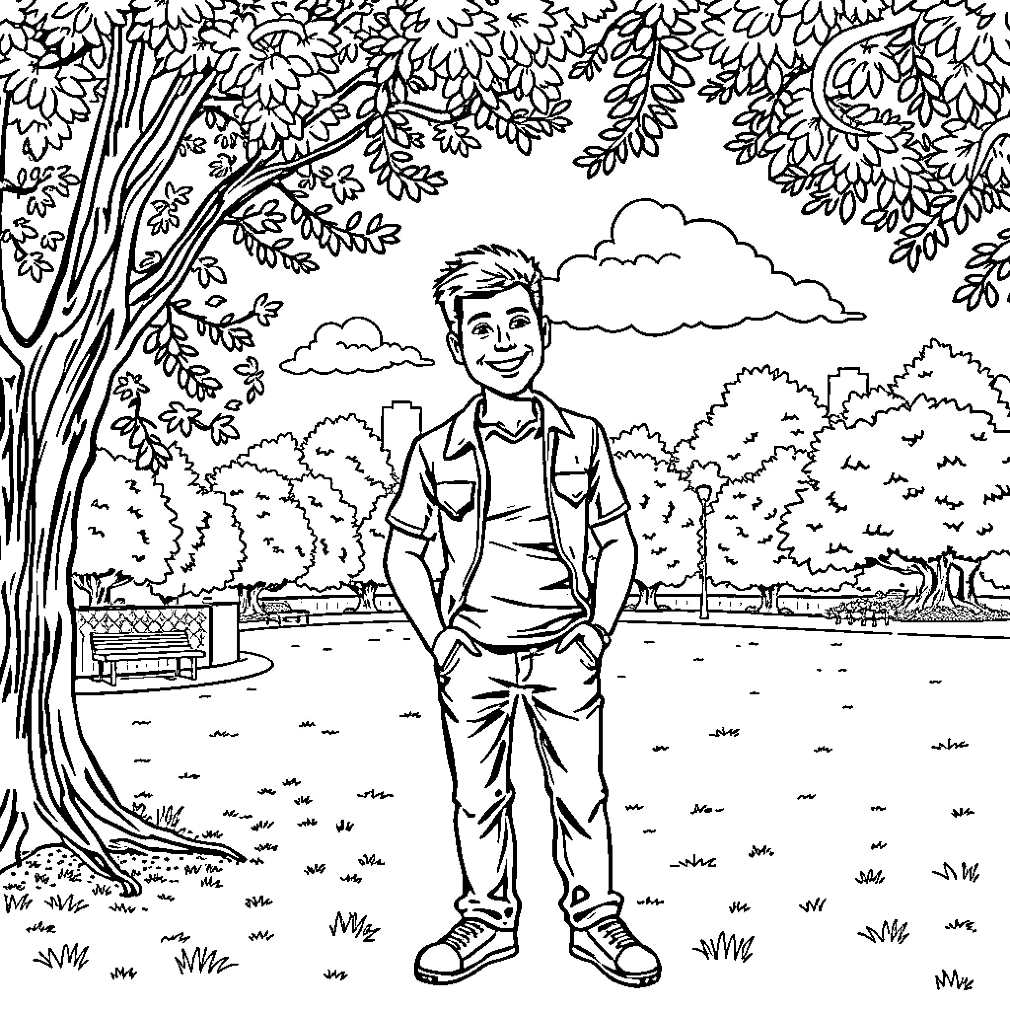 John Doe enjoys a peaceful day in the park Coloring Page (free black-and-white line drawing printable PDF for all, from beginners to advanced learners, including children, teens, adults, and seniors)